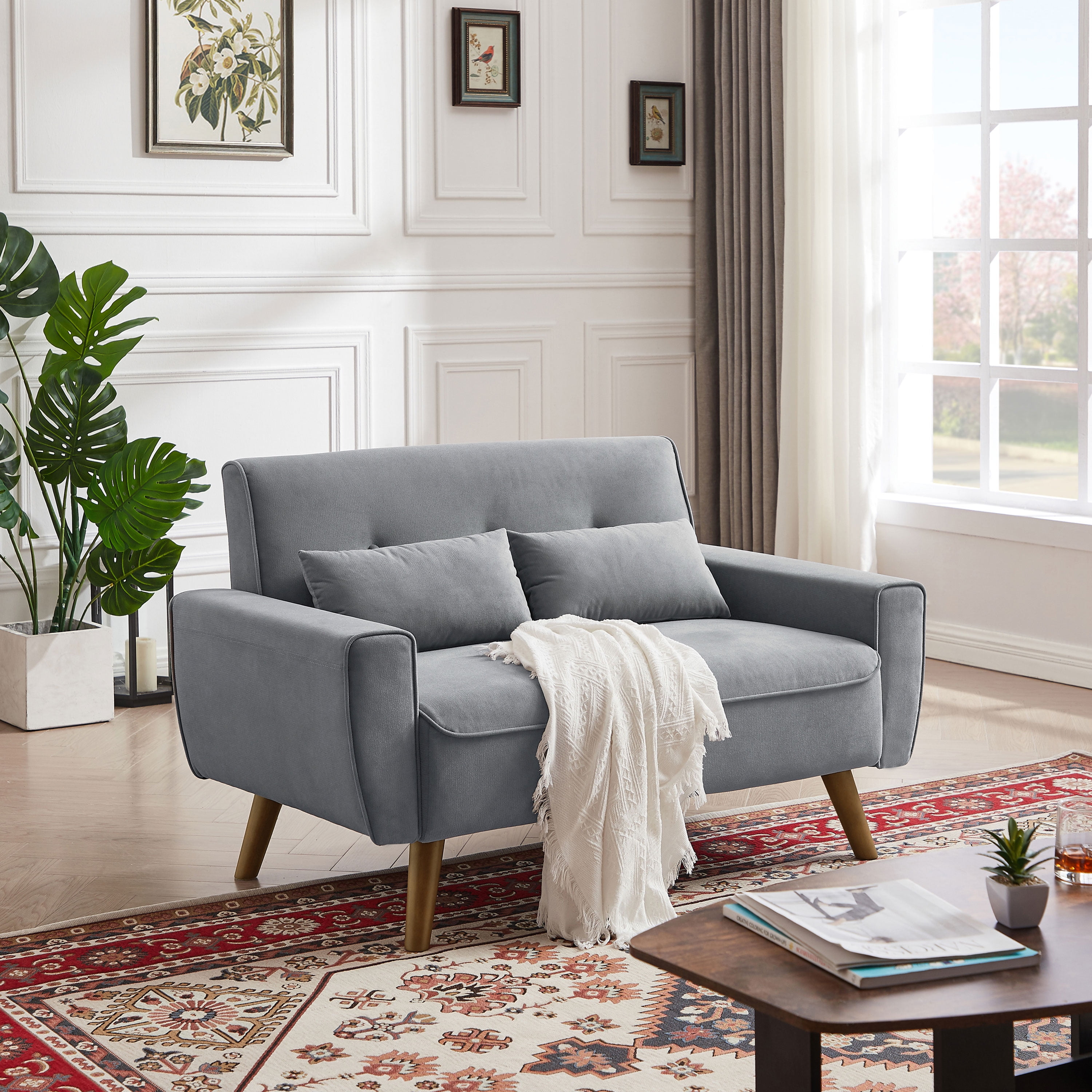 Soscana Small Loveseat 2-seater Sofa Mid Century Modern Love Seat Couch with Throw Pillows and Wooden Legs for Living Room Apartment Office Small Space