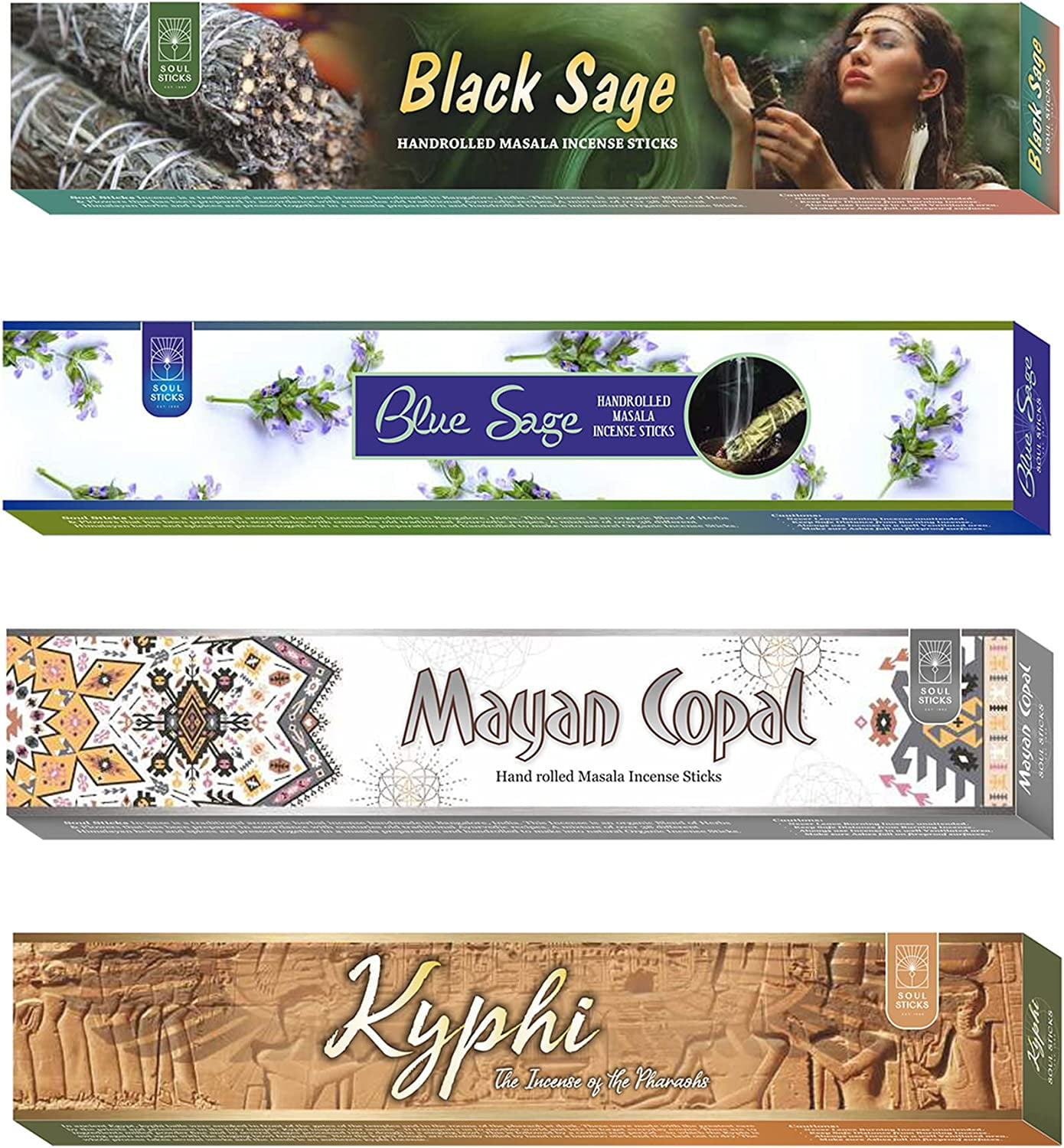 Soul Sticks Incense Sticks Spiritual Vibes Variety 4 Pack 100% Natural Masala Incense Organic Home Fragrance Agarbatti 15 Grams Per Pack 60 Grams Total