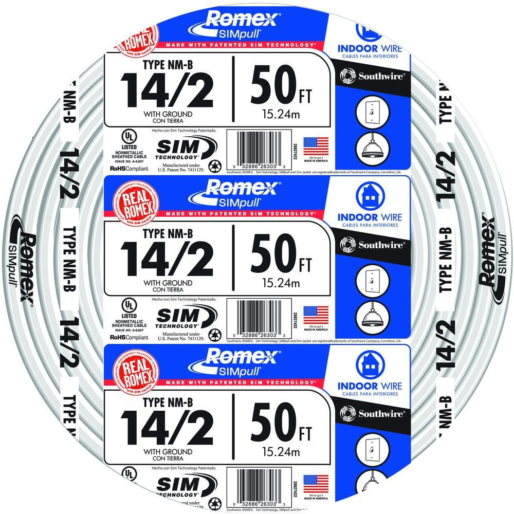 Southwire 28827422 50' 14/2 with ground Romex brand SIMpull residential indoor electrical wire type NM-B White