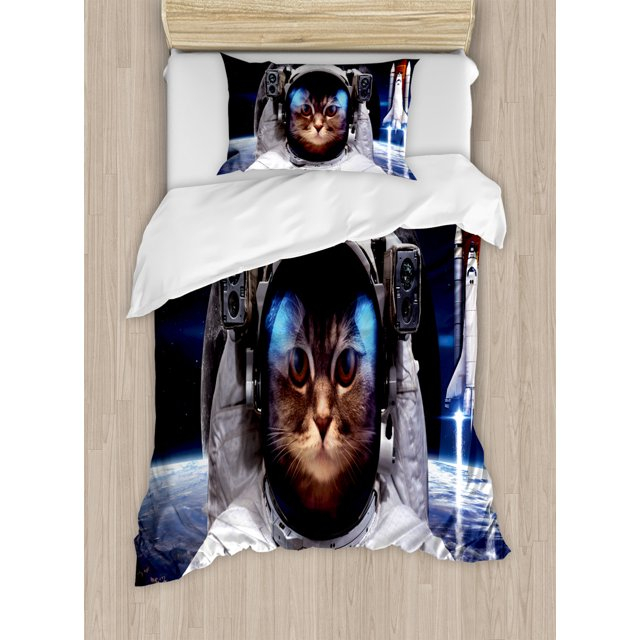 Space Cat Duvet Cover Set Twin Size, Cat in Cosmonaut Outer Space Clothes in Cosmos Travel with Rocket, Decorative 2 Piece Bedding Set with 1 Pillow Sham, Navy Blue White and Red, by Ambesonne