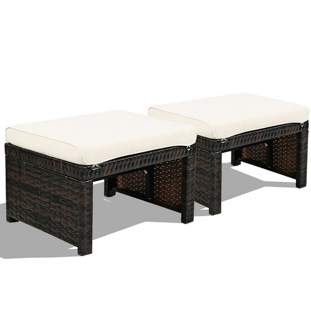 Spaco 2 Pieces Outdoor Patio Rattan Wicker Ottoman Set with Soft Cushion for Garden, Balcony, Poolside, White