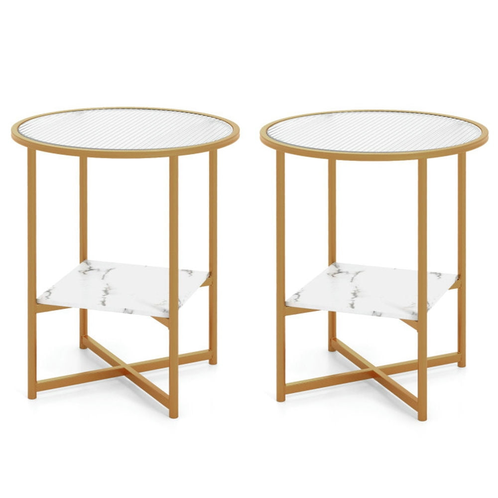 Kepooman End Tables,Side End Table,Nightstand,2-Tier Glass End Table Set of 2 with Faux Marble Storage Shelf-White