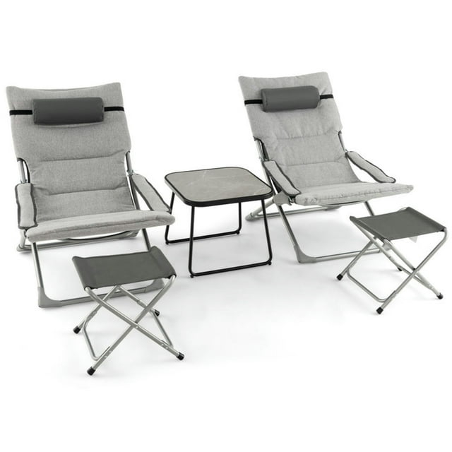 Topcobe 5-Piece Patio Sling Chair Set Folding Lounge Chairs with Footrests and Coffee Table, Outdoor Patio Lounge Chairs-Gray