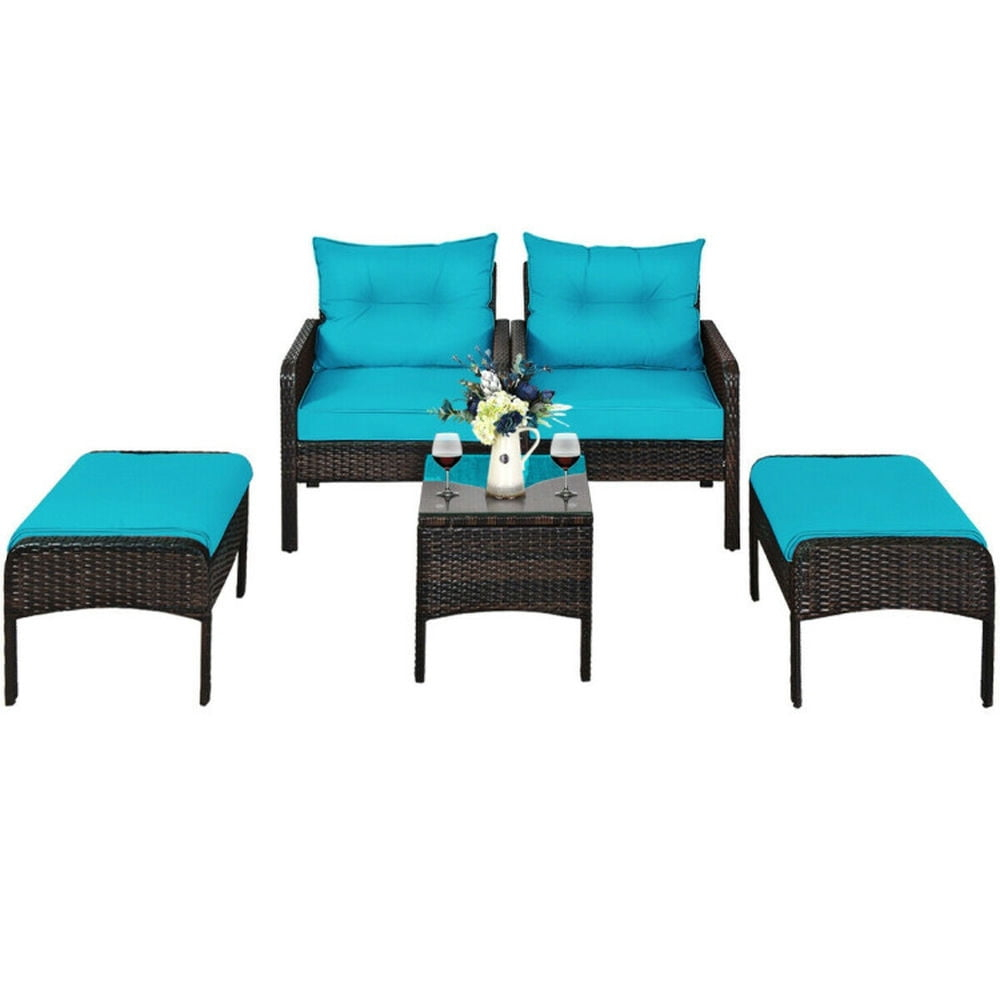 Spaco 5 Pieces Patio Rattan Sofa Ottoman Furniture Set with Cushions, Conversation Set with 2 Single Chairs, 2 Ottomans and A Side Table, Ottoman Furniture Set for Outdoor, Turquoise