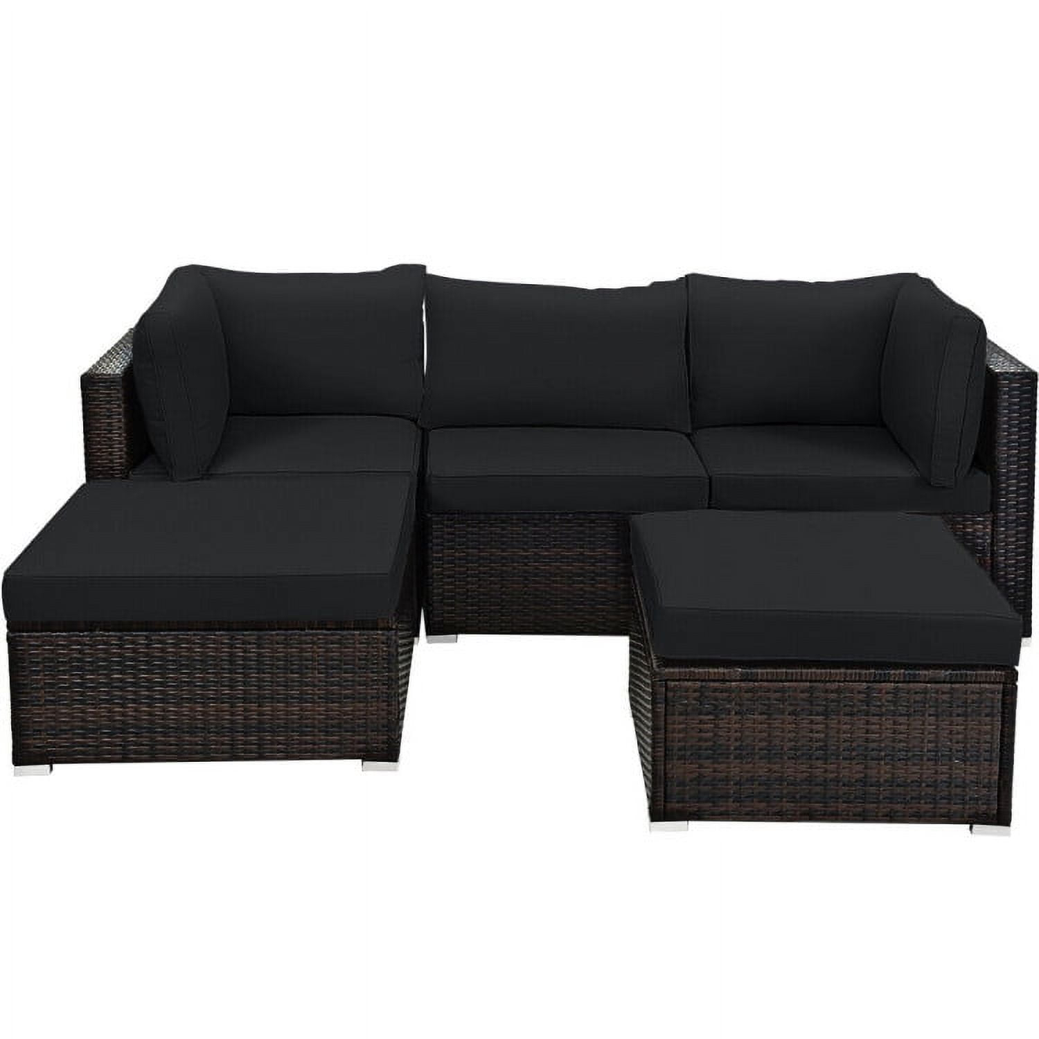 Spaco 5 Pieces Patio Sectional Rattan Furniture Set with Ottoman Table-Black, Wicker Furniture Conversation Sets for Garden, Poolside, Backyard