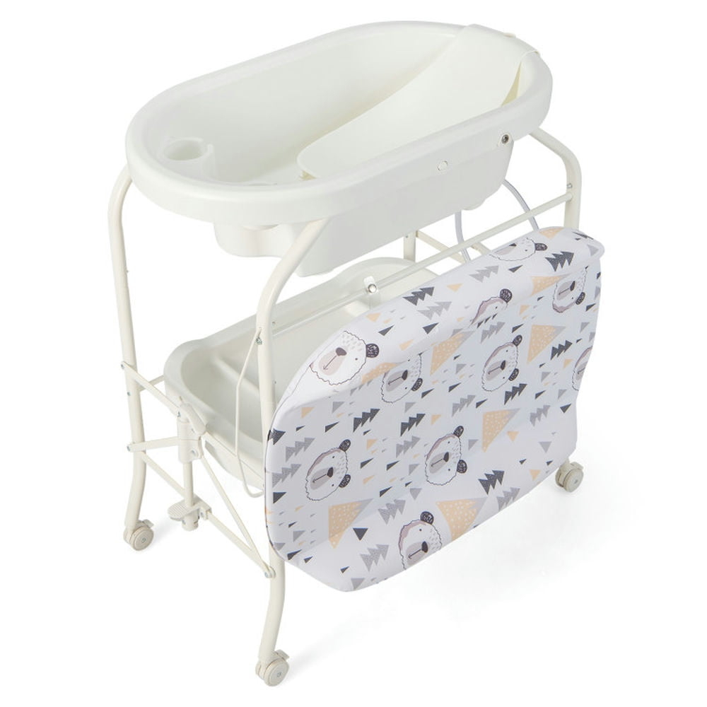 Spaco Folding Baby Changing Table with Bathtub and 4 Universal Wheels-White, Changing Table, Mobile Nursery for Infant and Newborn