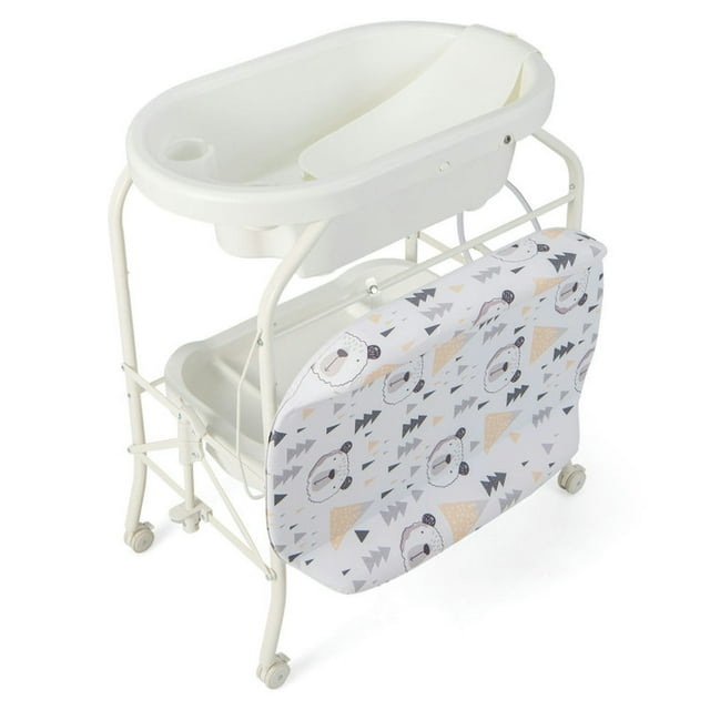 Spaco Folding Baby Changing Table with Bathtub and 4 Universal Wheels-White, Changing Table, Mobile Nursery for Infant and Newborn