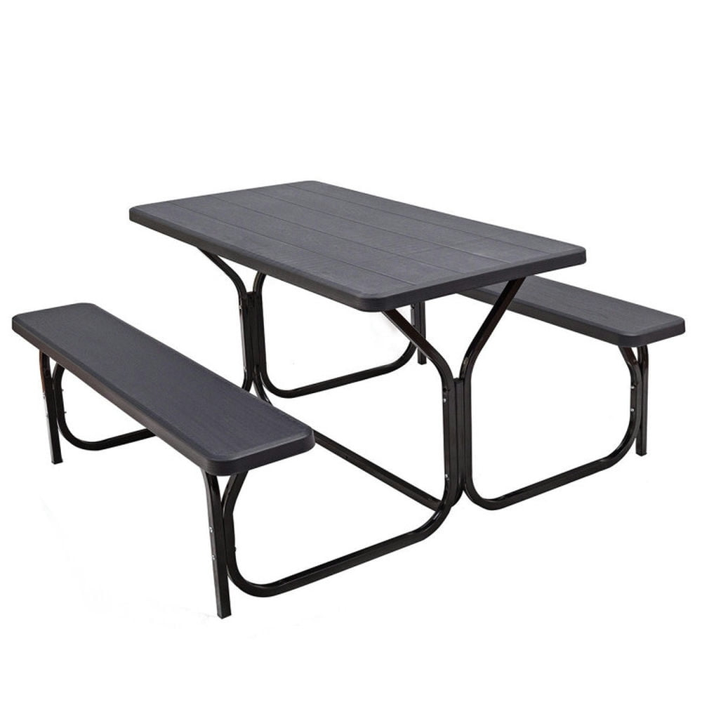 Kepooman Picnic Table, Camping Table, HDPE Outdoor Picnic Table Bench Set with Metal Base-Black