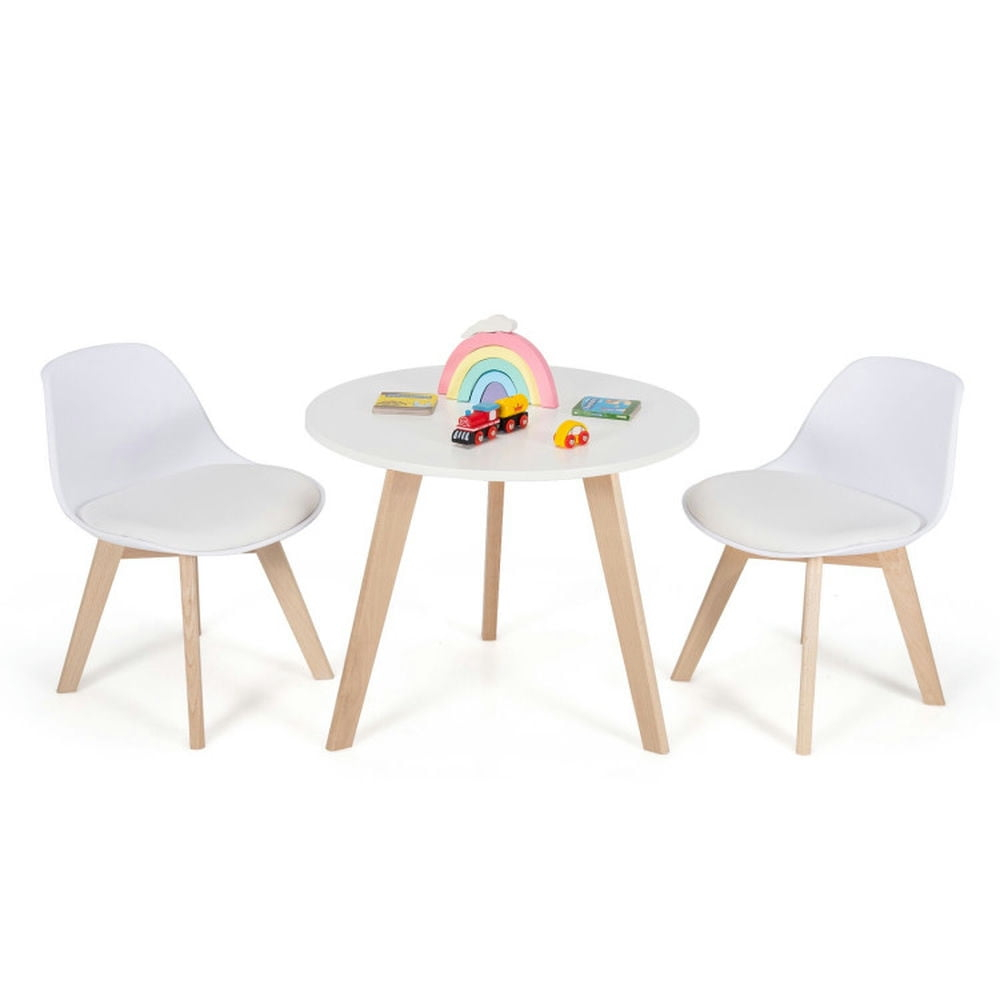 Spaco Modern Kids Activity Play Table and 2 Chairs Set with Beech Leg Cushion-White, Toddler Table and Chair Set for Arts & Crafts, Snack Time, Homeschooling, Homework