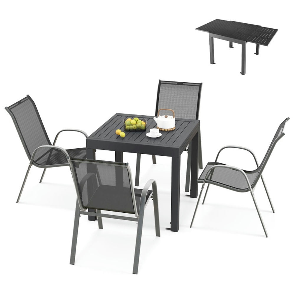 Yardi Yard Outdoor Dining Table Set with Sturdy Metal Frame, Table with Adjustable Footpads and 4 Chairs with Curved Armrests, Dining Table Set for Outdoor as Garden, Patio, Gray
