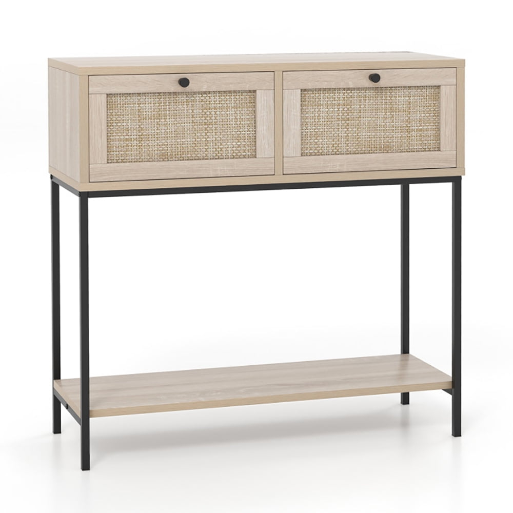 Spaco Rattan Console Table Boho Entryway Table with 2 Rattan Drawers and Open Storage Shelf-Oak, Entryway Table Hallway Table, Storage-Friendly Hallway Table for Foyer & Entry Spaces