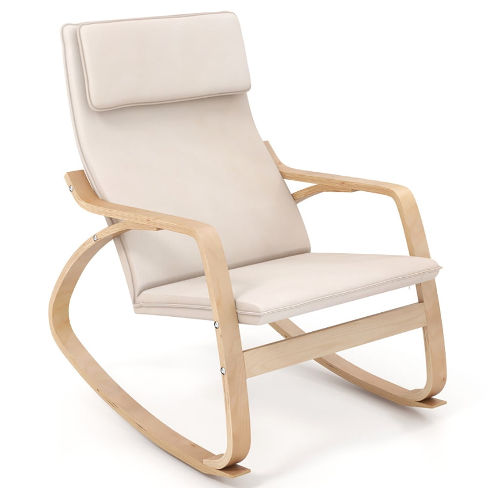 Spaco Stable Wooden Frame Leisure Rocking Chair with Removable Upholstered Cushion-Beige, Modern Mid-Century Upholstered Living Room Chair