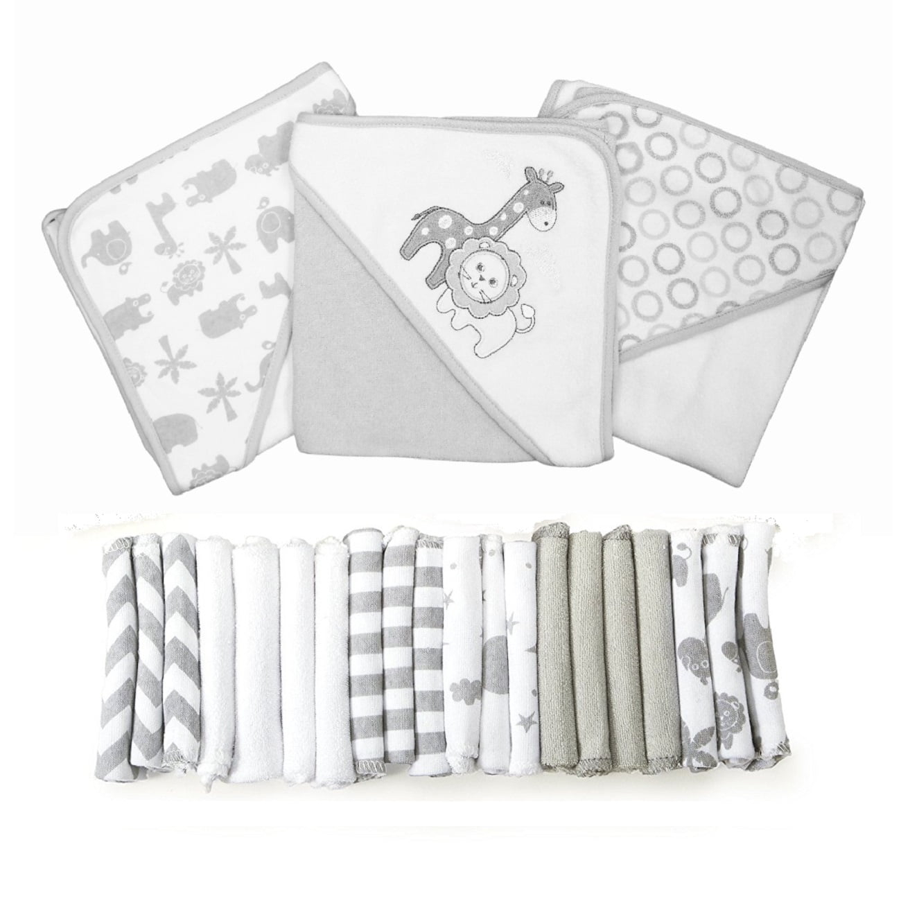 Spasilk Bath Hooded Towels & Washcloths Set for Babies, 23-Piece Gift Set, Gray Lion