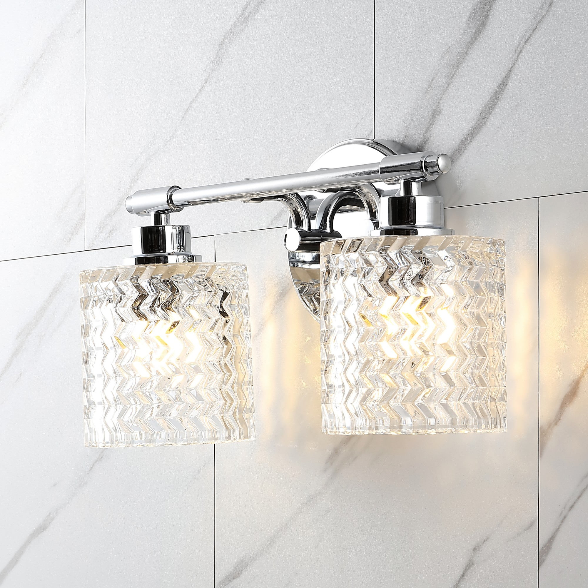 Spaulding Vintage 13" 2-Light Iron/Chevron Pattern Glass Farmhouse Cottage LED Vanity Light, Chrome