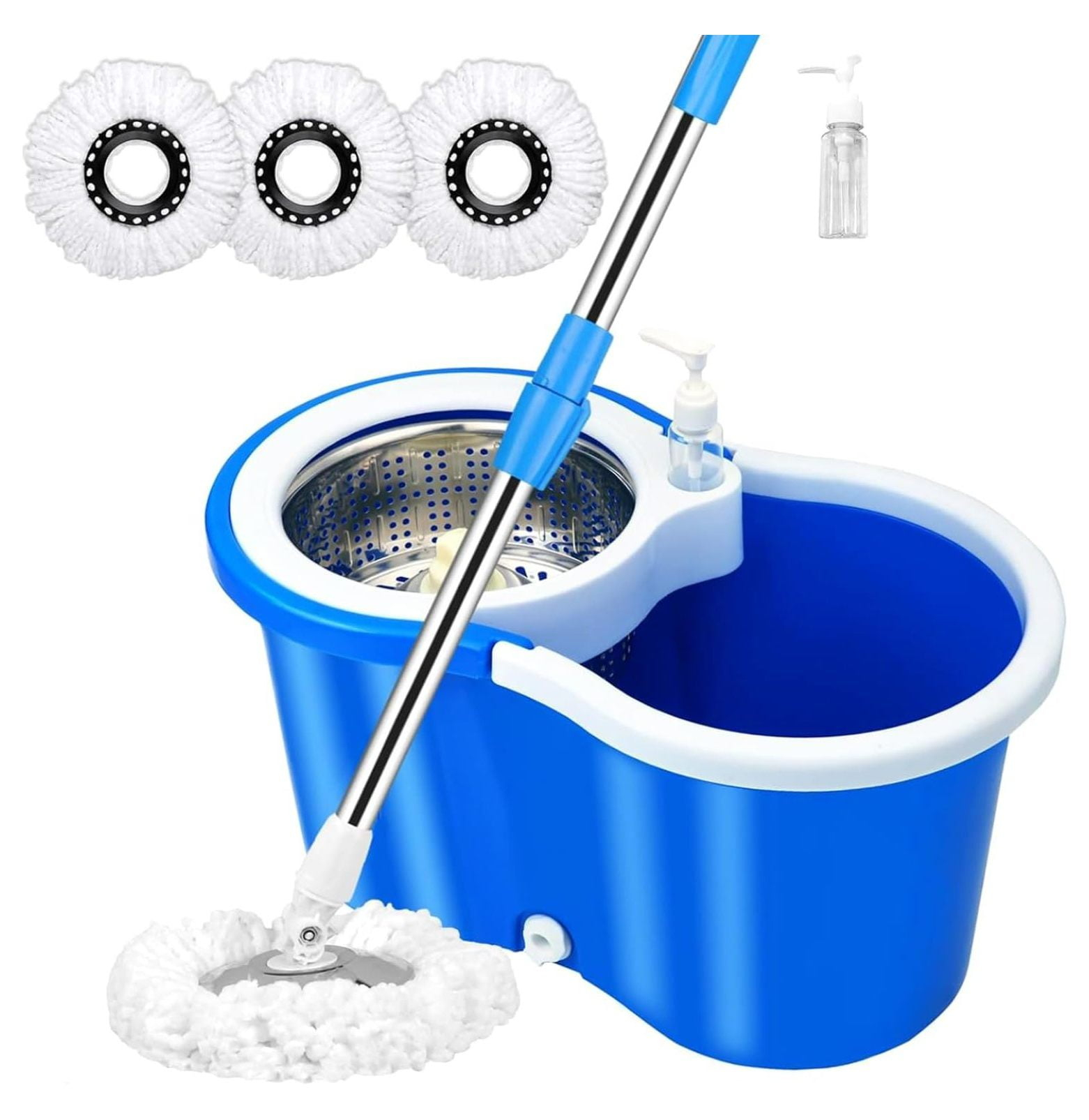 Spin Mop and Bucket with Wringer Set,360°Spin Mop & Bucket Floor Cleaning System Mop Bucket with 61" Adjustable Extended Handle 3 Microfiber Replacement Head Refills