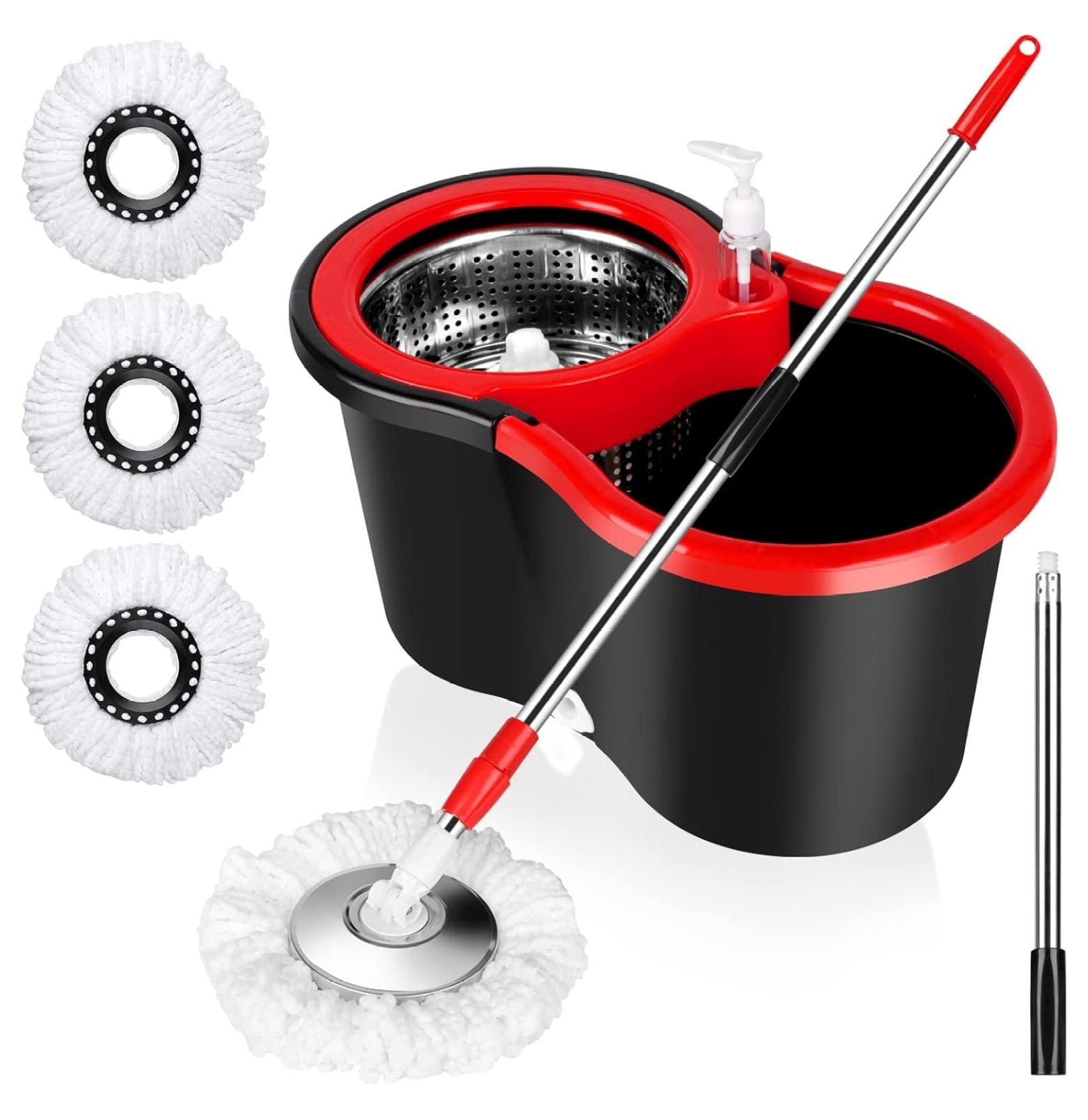 Spin Mop and Bucket Set, 360° Spin Mop and Bucket with Wringer Set and 3 Microfiber Mop Replacement Heads Refills, 61" Stainless Steel Extended Handle Spinning Mop Bucket System for Floor Cleaning