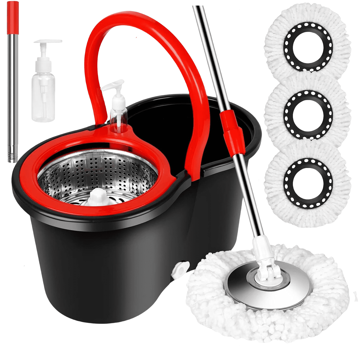 Spin Mop and Bucket Set, 360° Spin Mop and Bucket with Wringer Set and 3 Microfiber Mop Replacement Heads Refills, 61" Stainless Steel Extended Handle Spinning Mop Bucket System for Floor Cleaning