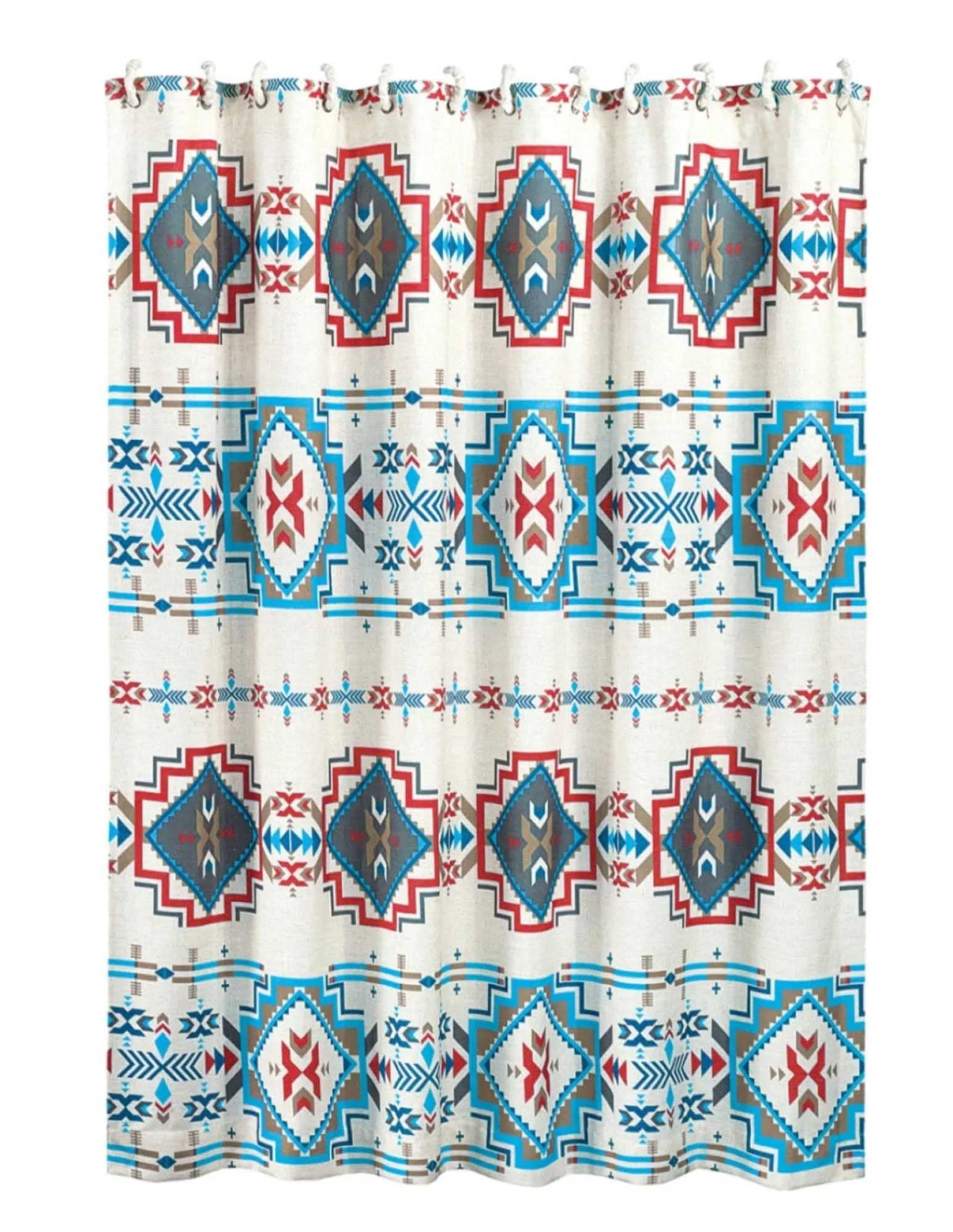 Paseo Road by HiEnd Accents Spirit Valley Red/Teal Aztec Print Southwestern Rustic Farmhouse 72x72 inch Shower Curtain + Hooks