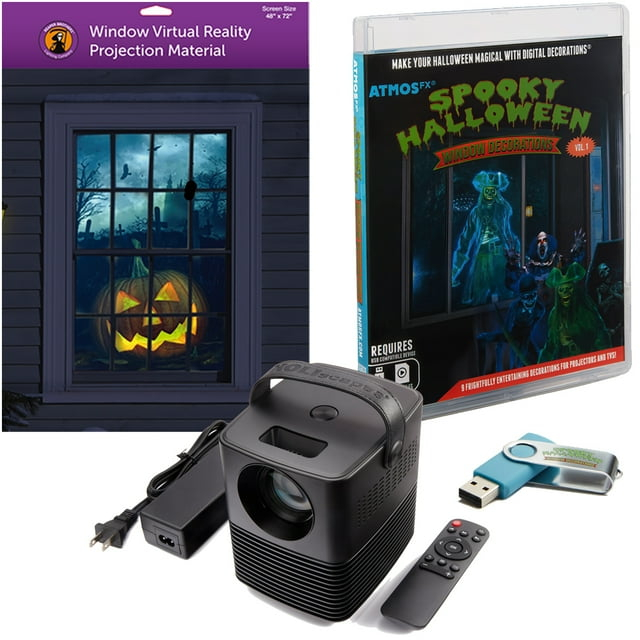 Spooky Halloween Digital Decoration Kit Includes 9 AtmosFX Video Effects for Halloween Plus HD Super Bright Projector and 48” x 72” Holographic Projection Screen