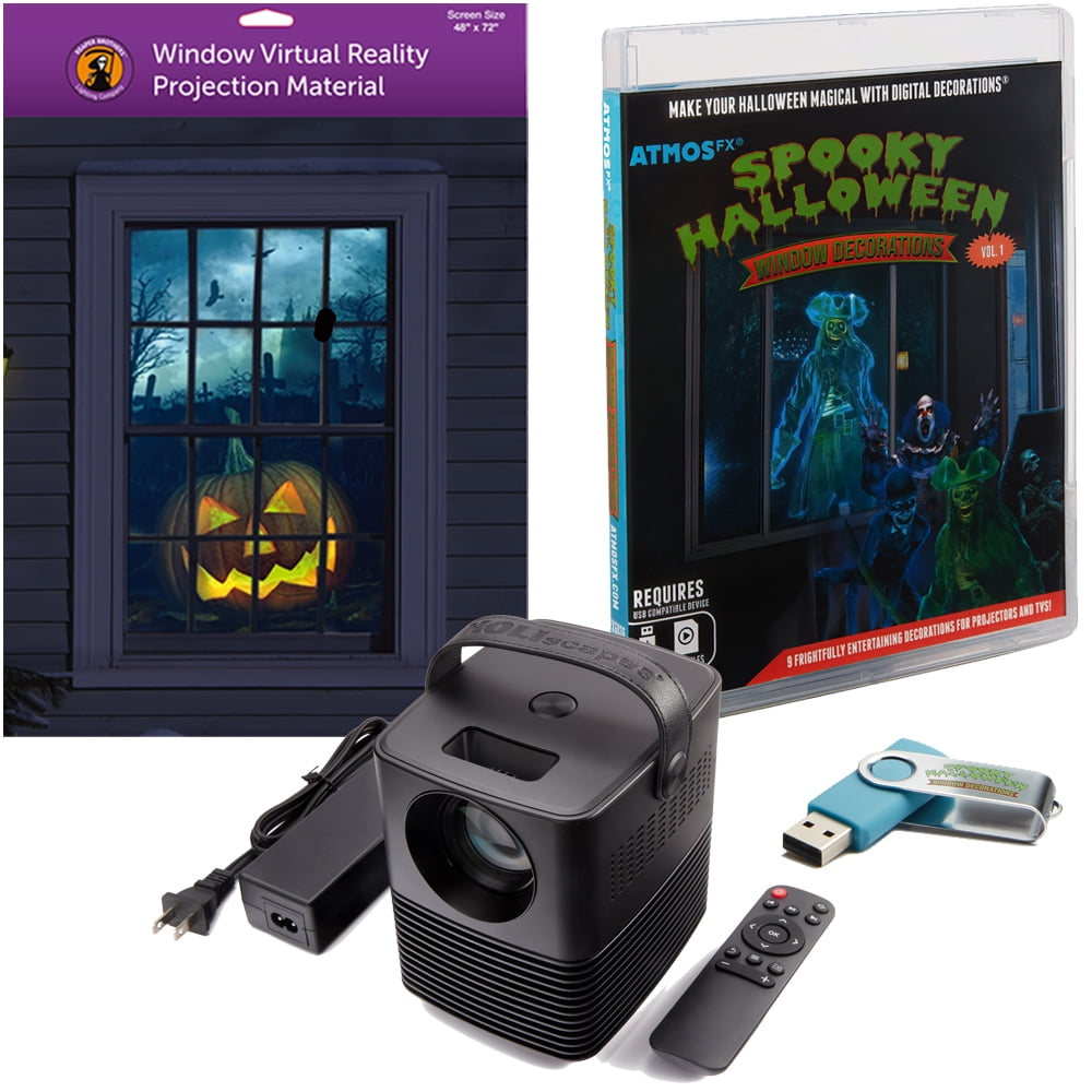 Spooky Halloween Digital Decoration Kit Includes 9 AtmosFX Video Effects for Halloween Plus HD Super Bright Projector and 48” x 72” Holographic Projection Screen