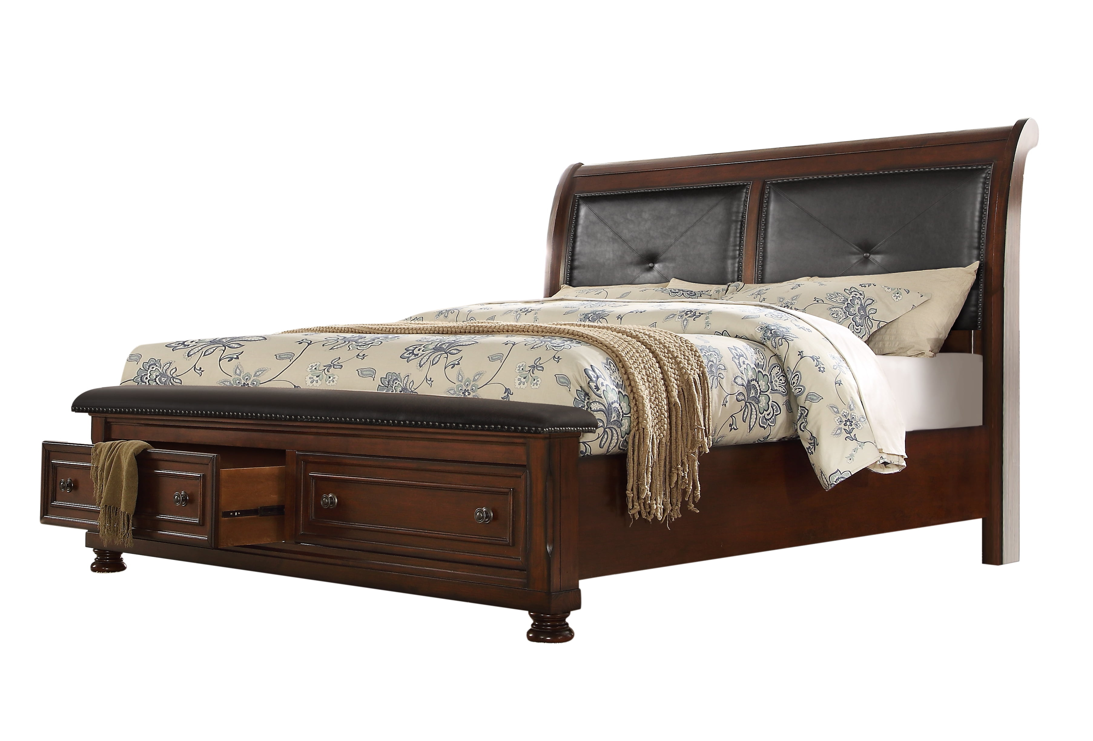 Sportaza Queen Size Leather Headboard Storage Bed made with Wood in Dark Walnut