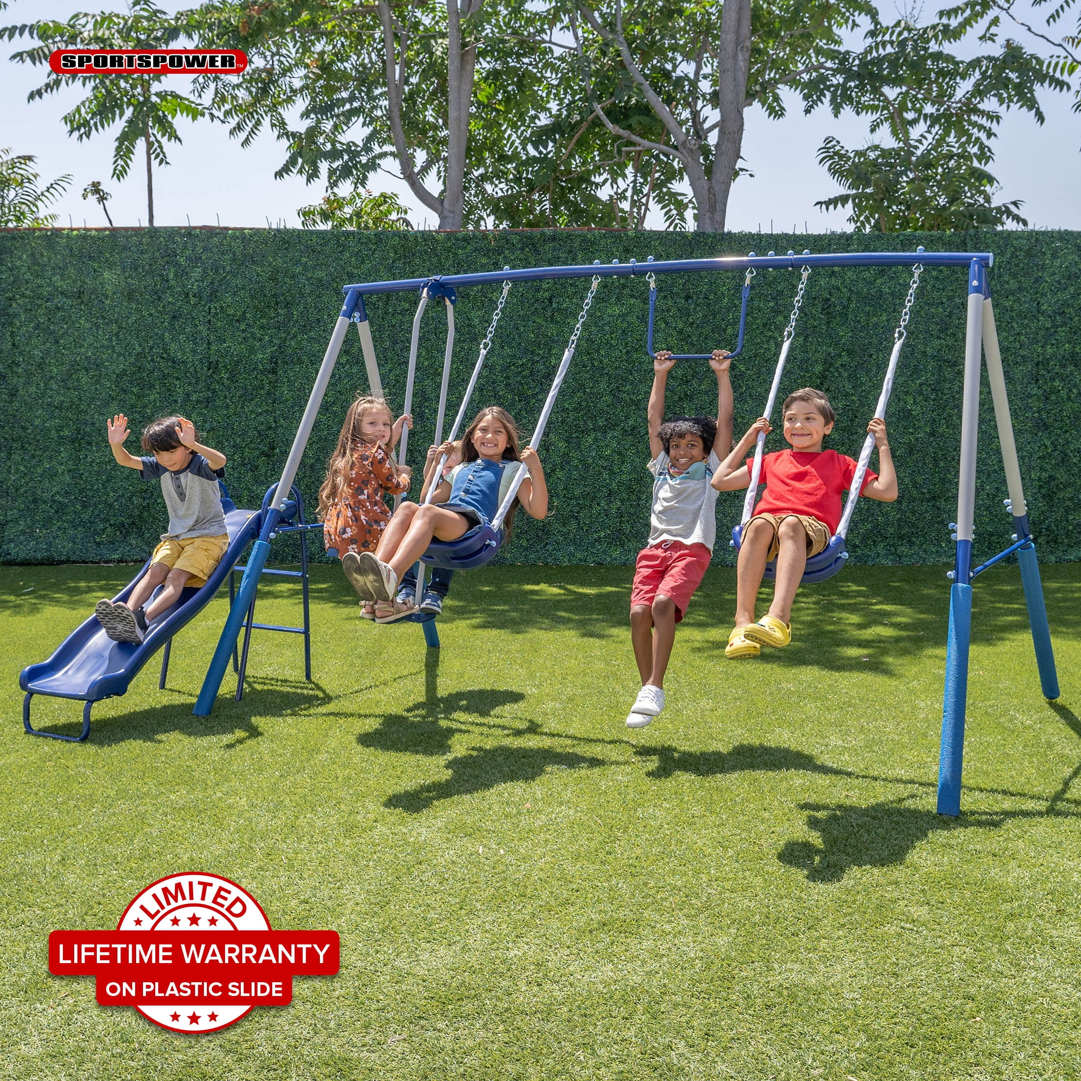 Sportspower Arcadia Metal Swing Set with Trapeze, 2 Person Glider Swing, 5' Double Wall Slide with Lifetime Warranty, and Bonus Anchor Kit, Great for Kids 3-8