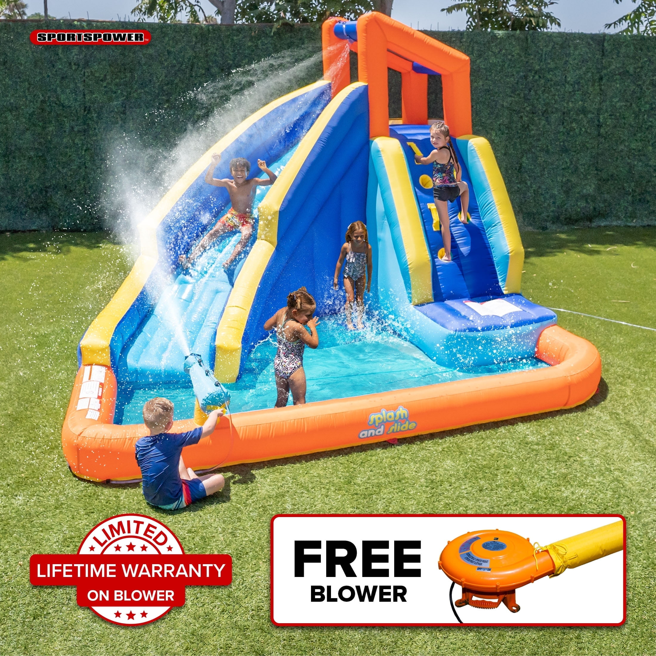 Sportspower™ Big Wave II Inflatable Water Slide with Climbing Wall & Splash Pool, Ages 3-8, Heavy Duty, ASTM Certified, Lifetime Warranty on Included Blower