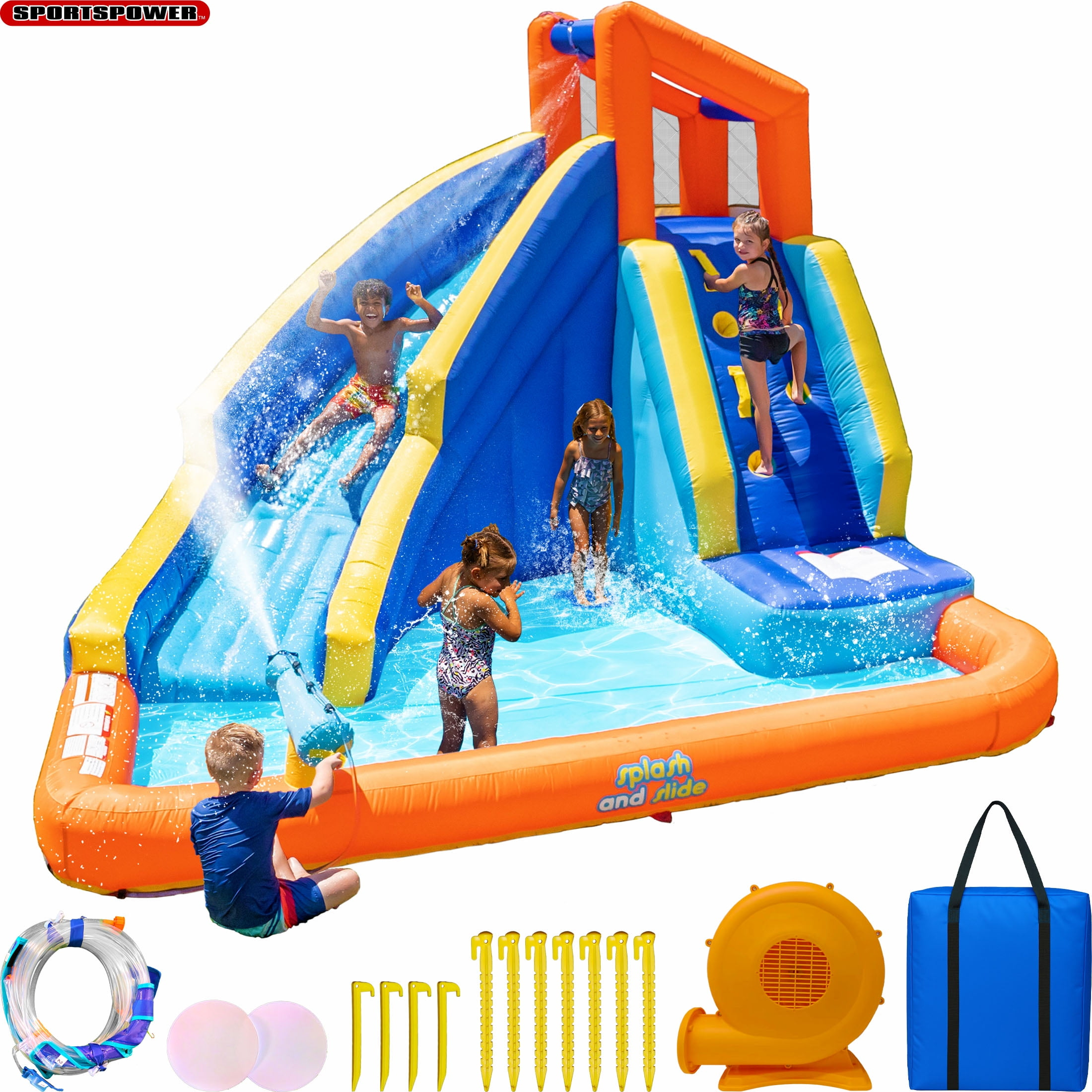 Sportspower™ Big Wave II Inflatable Water Slide with Climbing Wall & Splash Pool, Ages 3-8, Heavy Duty, ASTM Certified, Lifetime Warranty on Included Blower