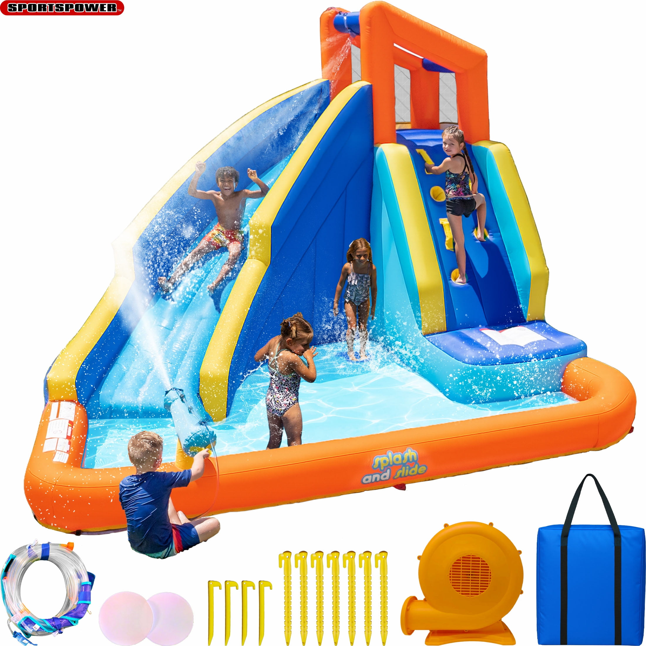 Sportspower™ Big Wave II Inflatable Water Slide with Climbing Wall & Splash Pool, Ages 3-8, Heavy Duty, ASTM Certified, Lifetime Warranty on Included Blower