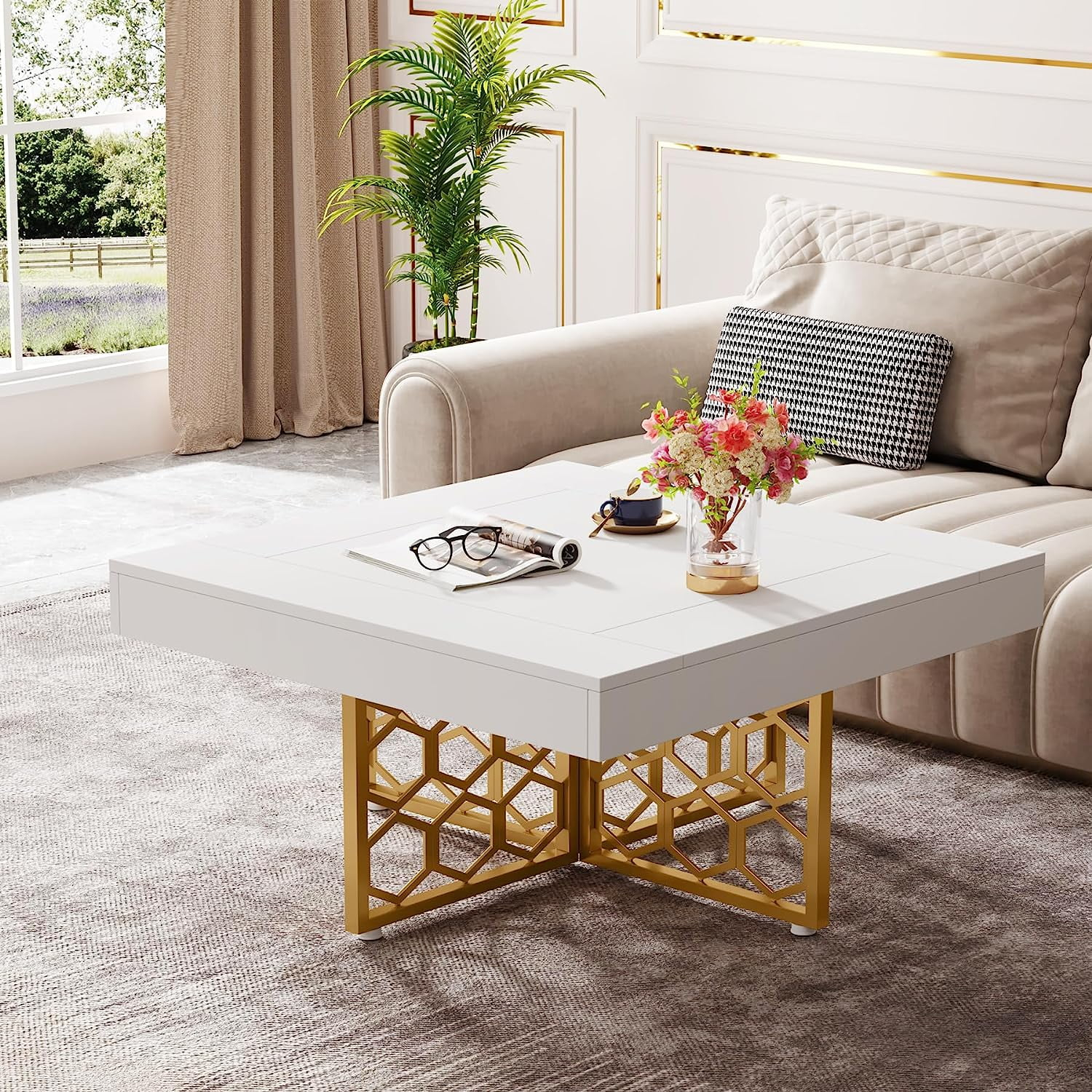 Square Coffee Table White and Glod Coffee Table Modern Coffee Table for Living Room