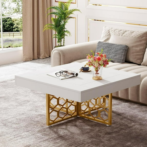 Square Coffee Table White and Glod Coffee Table Modern Coffee Table for Living Room