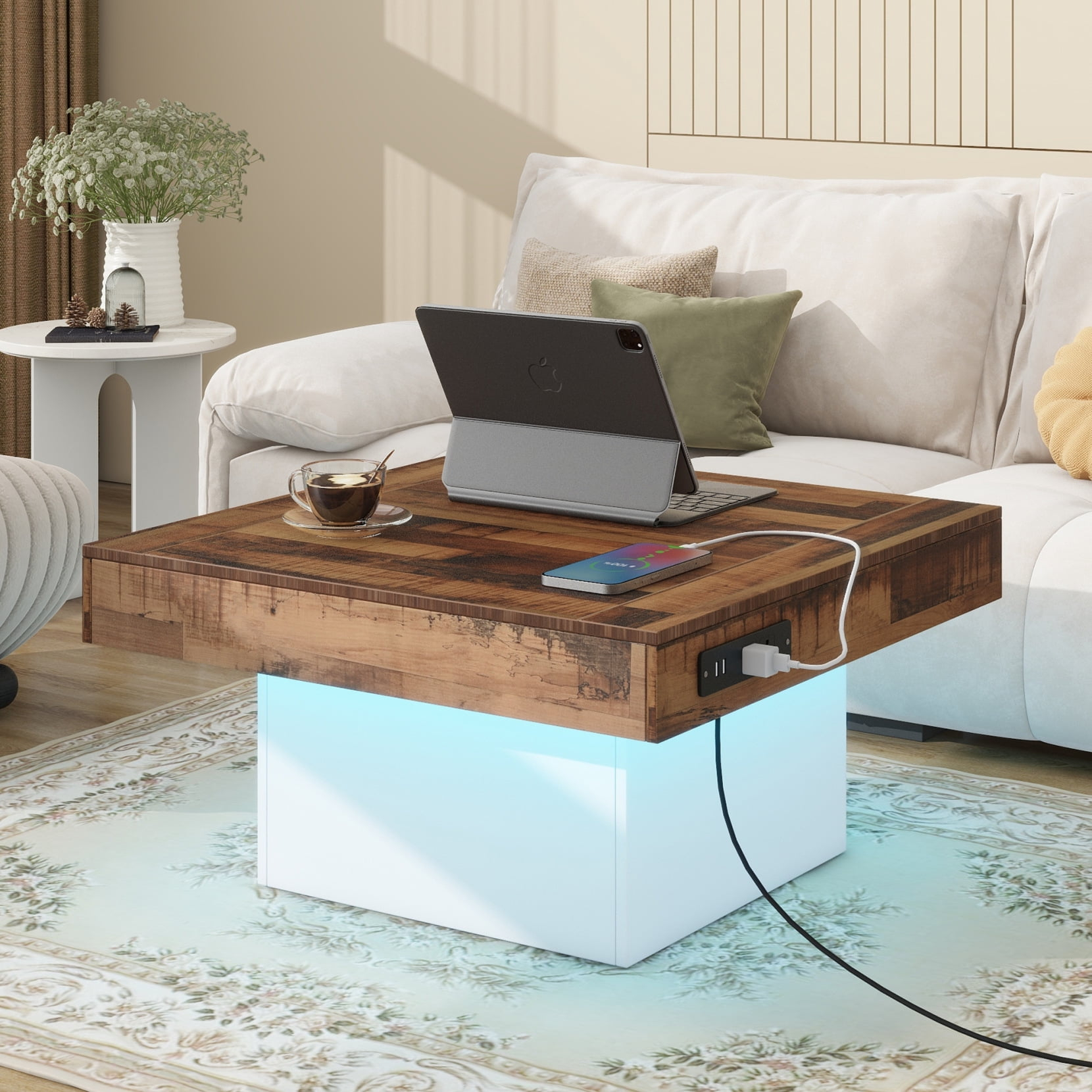 Square Coffee Table with 2 USB Ports and Outlets, Wooden Coffee Table with LED Light Strip for Living Room, Reception Room and Office, White