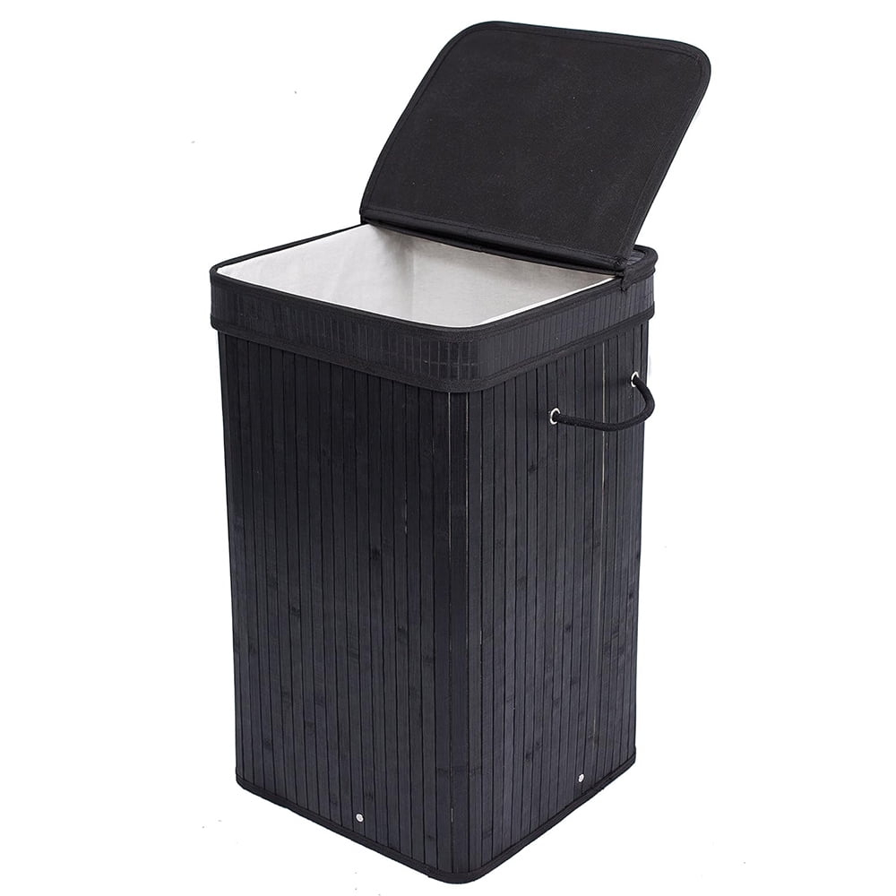 Square Laundry Hamper, Laundry Basket, Bamboo Collapsible Hamper with Lid, String and Cloth Liner for Bedroom, Living Room, Bathroom, Toilet, Hotel, Black