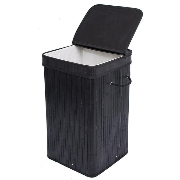 Square Laundry Hamper, Laundry Basket, Bamboo Collapsible Hamper with Lid, String and Cloth Liner for Bedroom, Living Room, Bathroom, Toilet, Hotel, Black