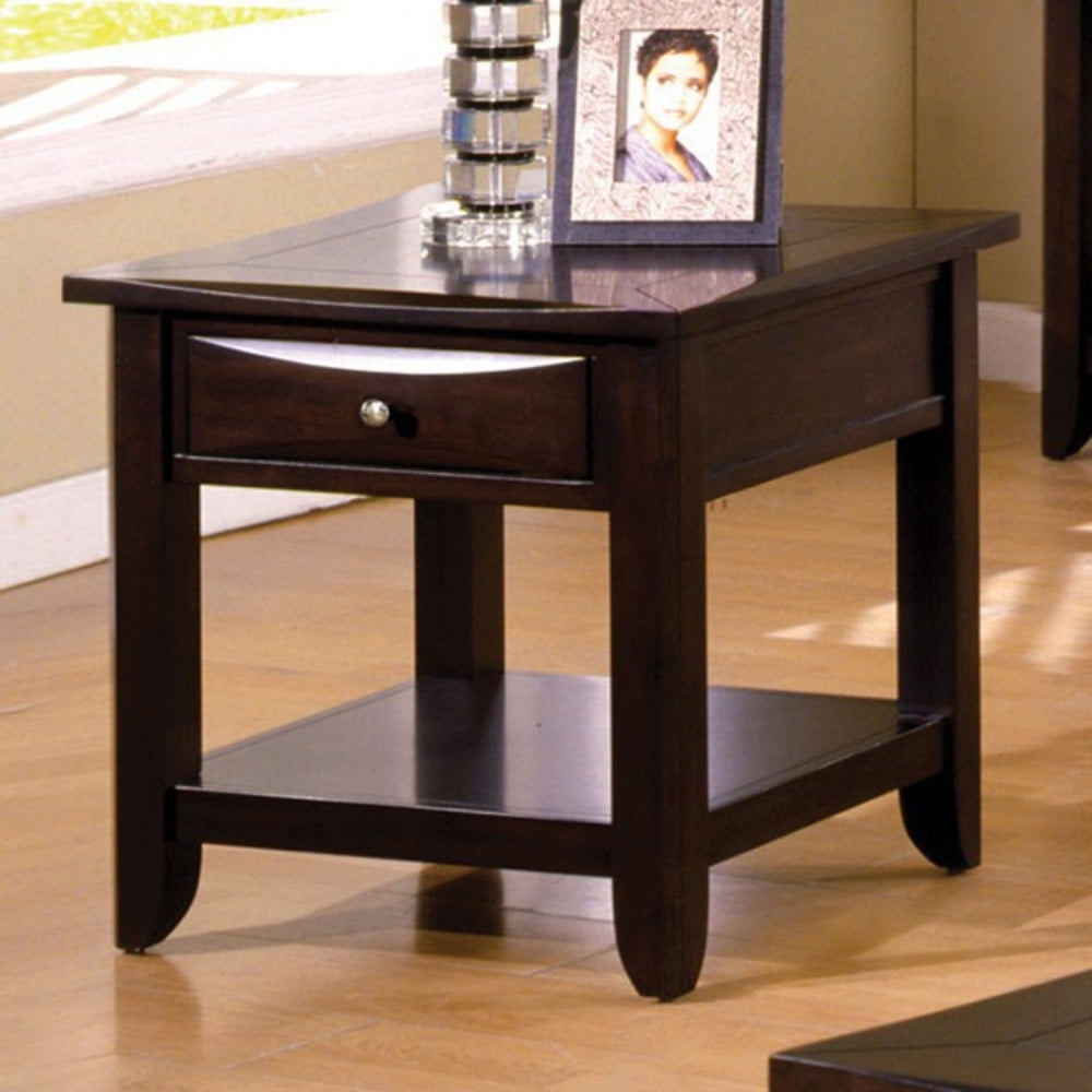 Square Wooden End Table with 1 Drawer and Open Bottom Shelf, Espresso Brown - Saltoro Sherpi