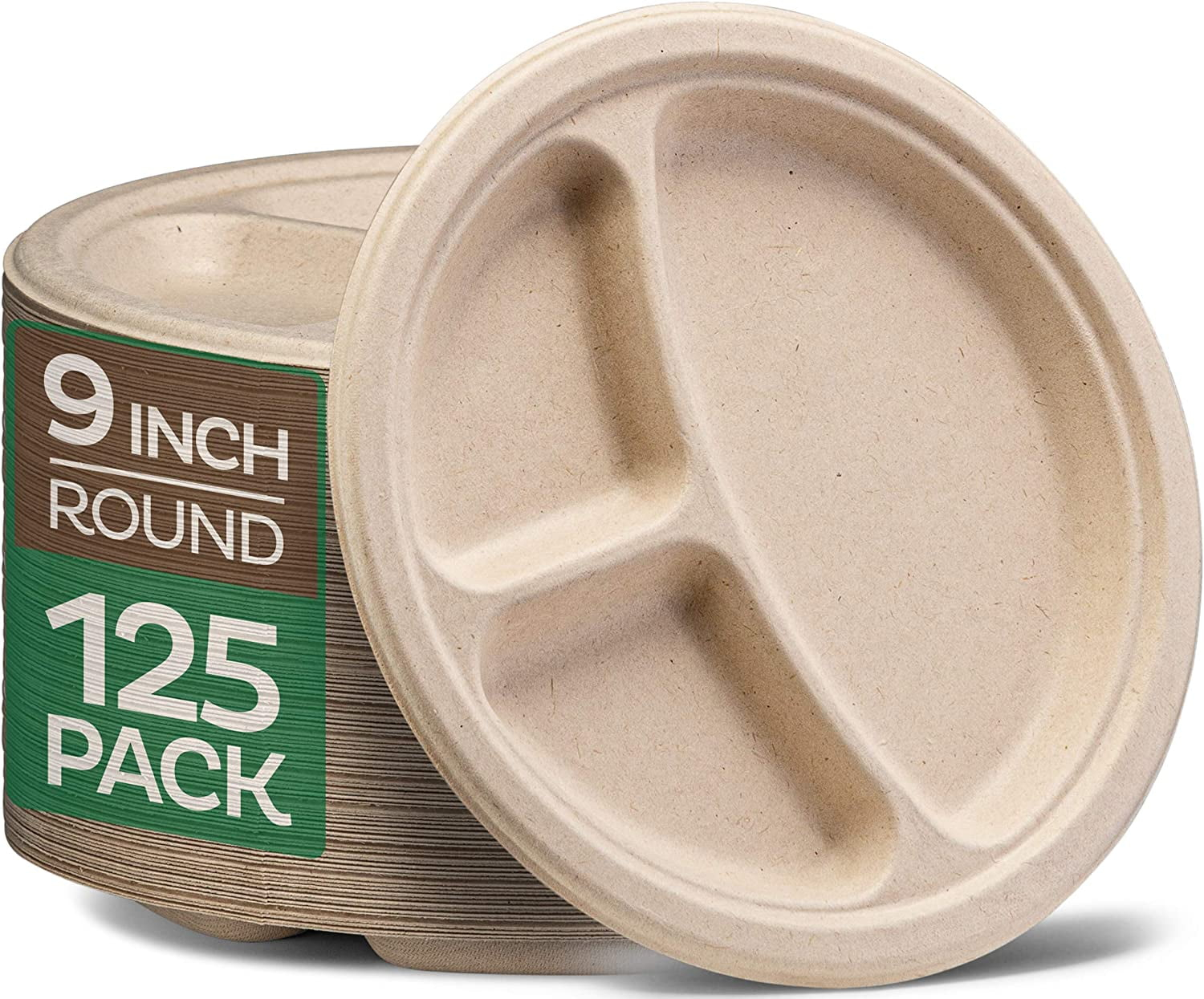 Stack Man 100% Compostable, 3 Compartment Section, Disposable Paper Plates [9 in. - 125-Pack] -Heavy Duty Biodegradable, BBQ, Lunch Trays