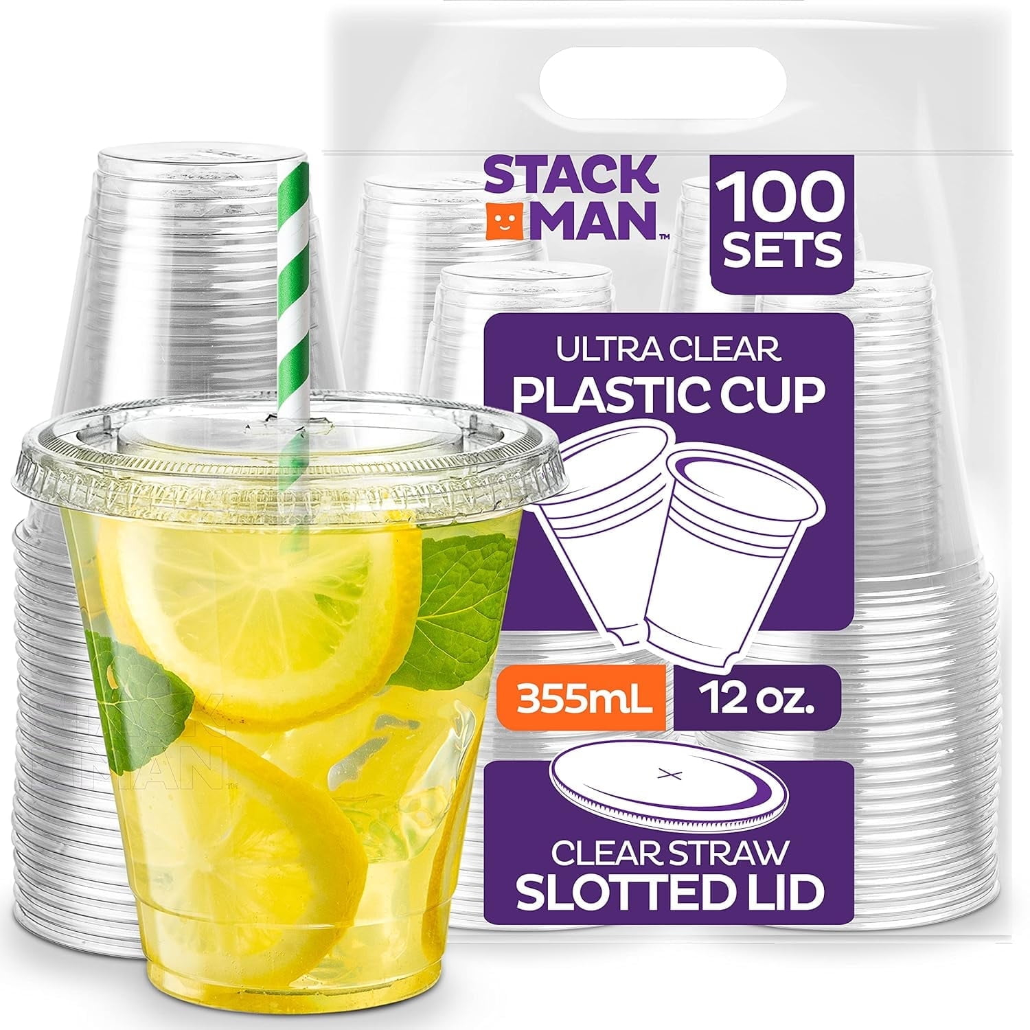 Stack Man Clear Plastic Cups with Lids 12 oz [100 Sets] Disposable Iced Coffee Cups with Straw Lids