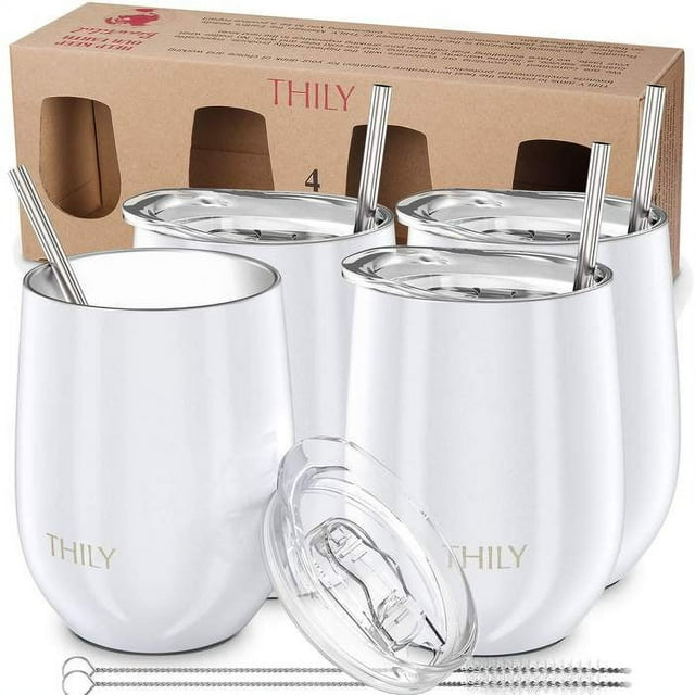 Stainless Steel Insulated Wine Tumbler - THILY 4 Pack Stemless Wine Glasses Set with Splash-proof Lids, Metal Straws, Reusable, Keep Cold for Coffee, Drinks, Cocktails, Christmas Gifts, Pearl White
