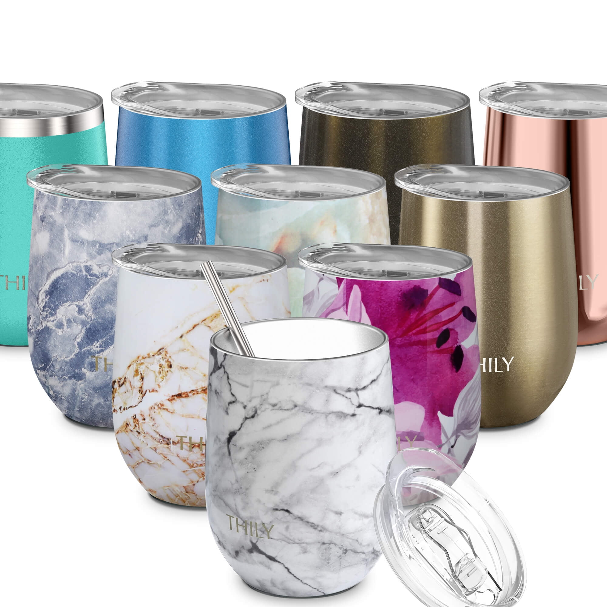Stainless Steel Stemless Wine Tumbler - THILY 12 oz Triple-Insulated Wine Glass with Lid and Straw, Reusable Travel Coffee Cup, Keep Hot or Cold for Wine, Coffee, Beer, Juice, White Marble