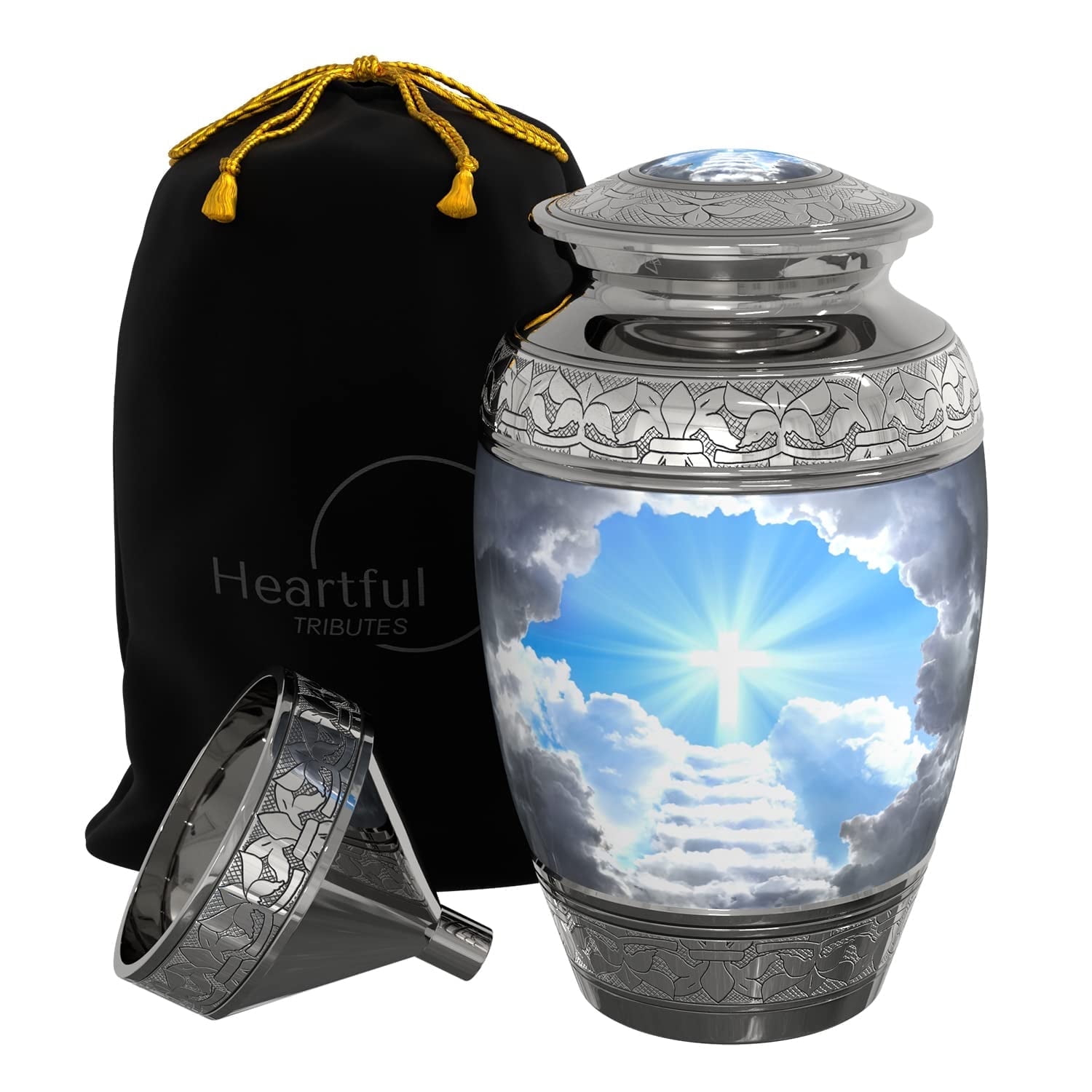Stairway to Heaven Large Cremation Urn for Human Ashes with Handcrafted Funnel (Christian/Catholic/Cross/Adult/Male/Female)