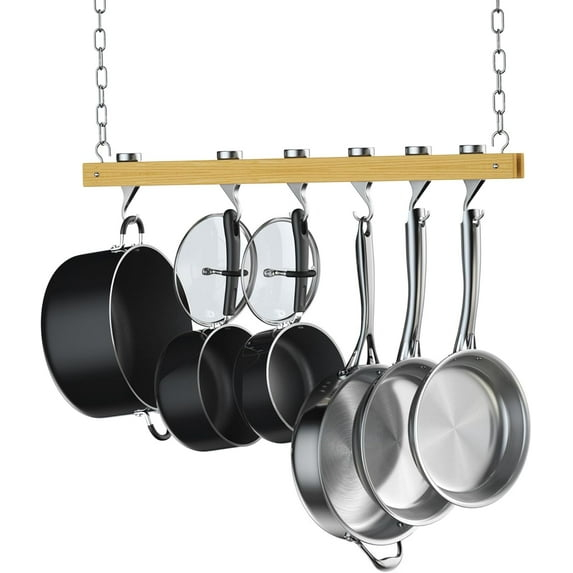 Standard, Single Bar, 36-Inch Ceiling Mounted Wooden Pot Rack, Brown