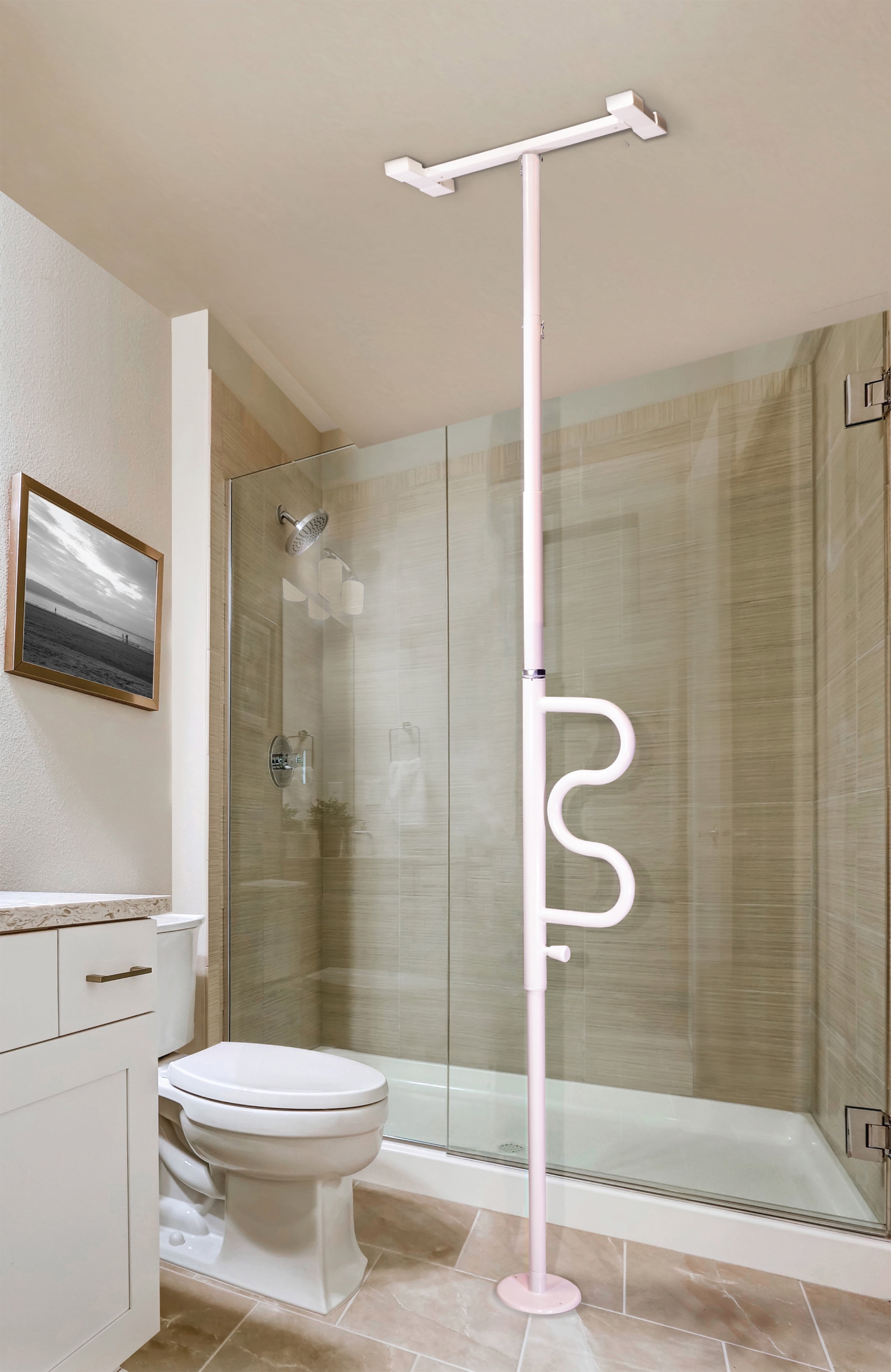 Stander Wonder Pole, Security Pole and Curve Grab Bar, Bathroom Safety Rail for Elderly, Tension Mounted Floor to Ceiling Safety Assist Handle for Seniors, Supports 300 lbs, White