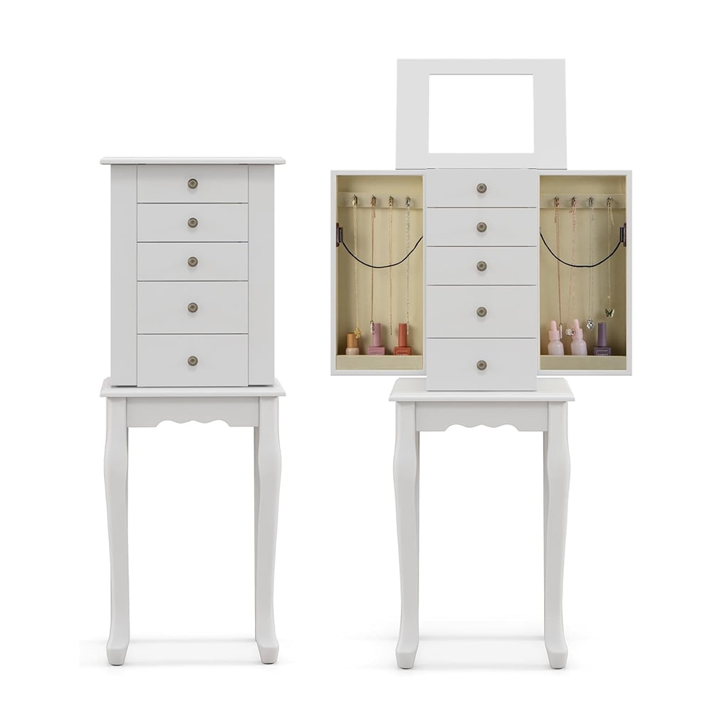 Standing Jewelry Cabinet Armoire with Top Flip Mirror, Jewelry Box Chest with 4 Drawers, Top Compartments, 8 Necklace Hooks and 2 Side Doors, White