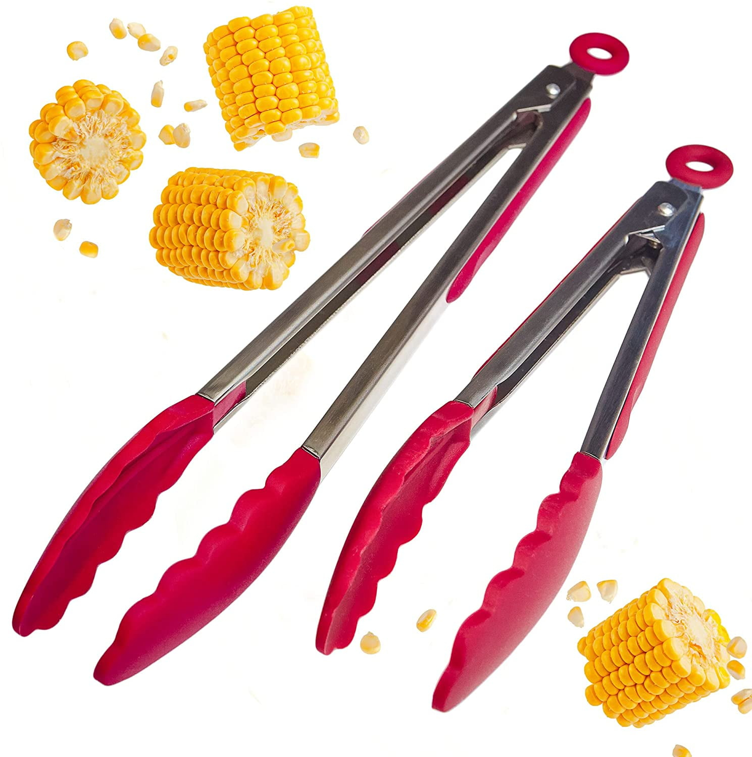 StarPack Basics Silicone Kitchen Tongs (9-Inch & 12-Inch) - Stainless Steel with Non-Stick Silicone Tips, High Heat Resistant to 480°F, For Cooking, Serving, Grill, BBQ & Salad (Cherry