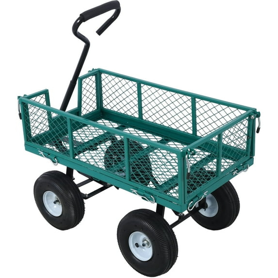 Steel Garden Cart with Steel Mesh Removable Sides, 550 lb Capacity Heavy Duty Yard Cart, 3 cu ft Foldable Metal Wagon for Garden, Green