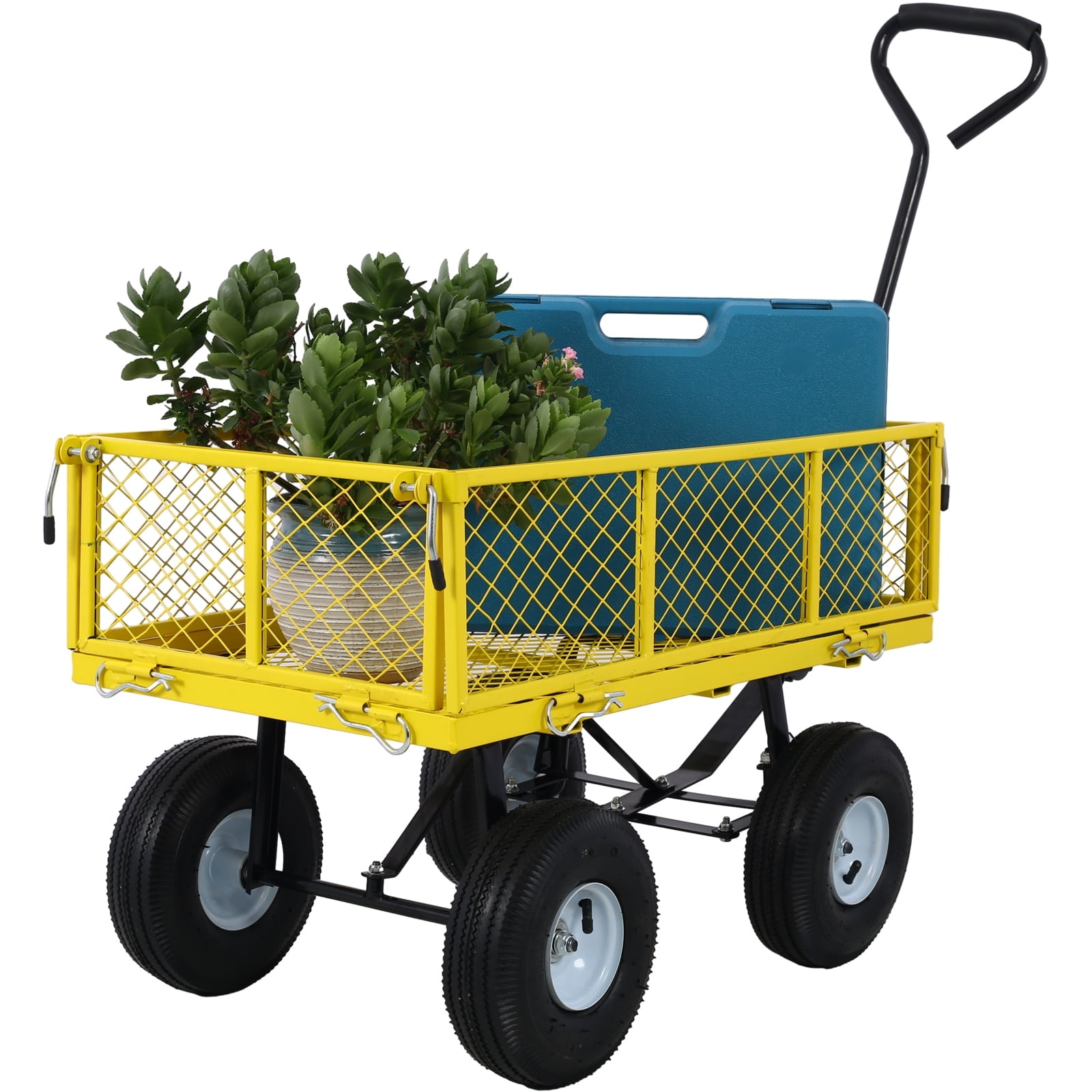 Yellow Steel Mesh Garden Cart with Pneumatic Tires and Removable Sides
