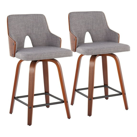 Stella Mid-Century Modern Counter Stool In Walnut And Light Grey Fabric - Set Of 2