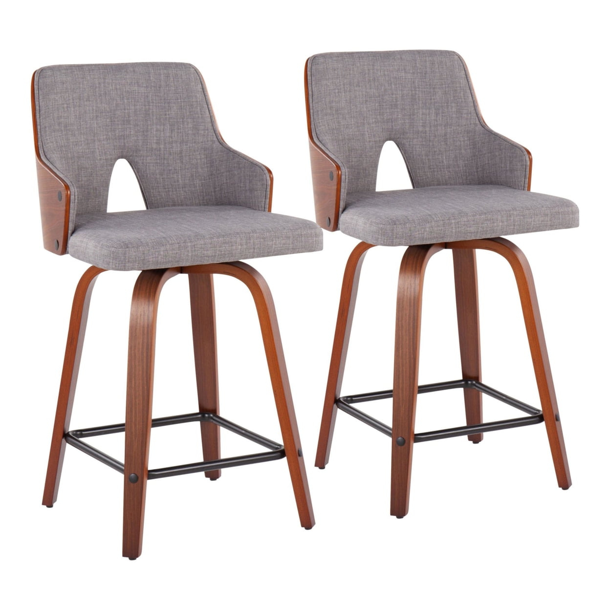 Stella Mid-Century Modern Counter Stool In Walnut And Light Grey Fabric - Set Of 2
