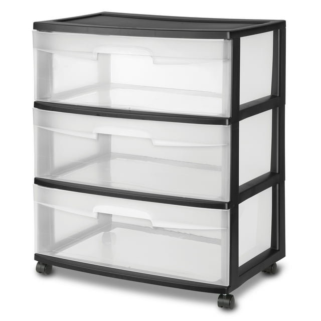 Sterilite Storage Drawer, 3 Drawer Wide Plastic Storage Cart with Clear Pull Out Drawers, Black