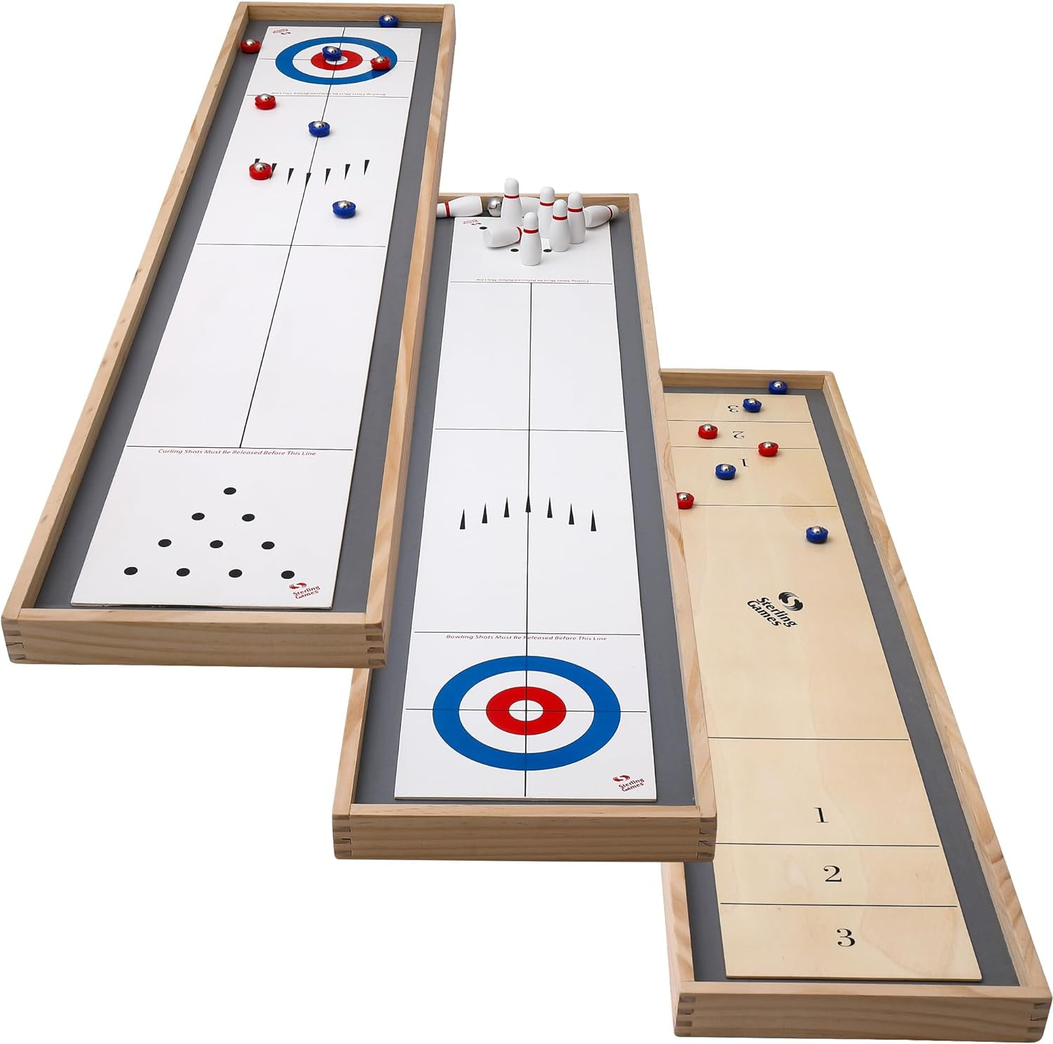 Sterling Games Tabletop Shuffleboard, Bowling and Curling 3 in 1 Combo Game Board Set for Kids and Family